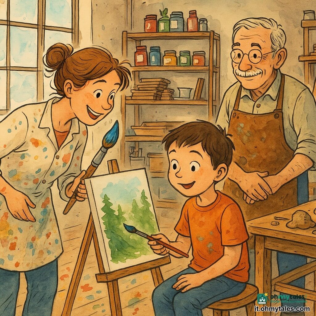 La protagonista è Lucia, donna gioiosa e luminosa, capelli castano chiaro raccolti in uno chignon spettinato, macchie di vernice sulla blouse di cotone, tiene un grande pennello carico di azzurro guidando una tela; un ragazzo, Marco (circa 9 anni), timido poi meravigliato, capelli corti castani e volto rotondo, tiene un pennellino troppo grande e dipinge una foresta verde accanto a Lucia; un uomo, Guido (circa 70 anni), benevolo e sorridente, capelli grigi e piccola baffo, con un grembiule di cuoio macchiato, osserva vicino a un tavolo di legno coperto di argilla e attrezzi; l'atelier è immerso nella luce del mattino, grandi finestre a riquadri, scaffali di legno pieni di vasetti di vernice, palette impilate, tele ad asciugare su cavalletti e macchie di colore sul pavimento di legno; scena principale: Lucia si china verso Marco per mostrargli come mescolare il verde smeraldo con il giallo sole, risate, gesti spontanei, dita macchiate di pittura, atmosfera calda e creativa.