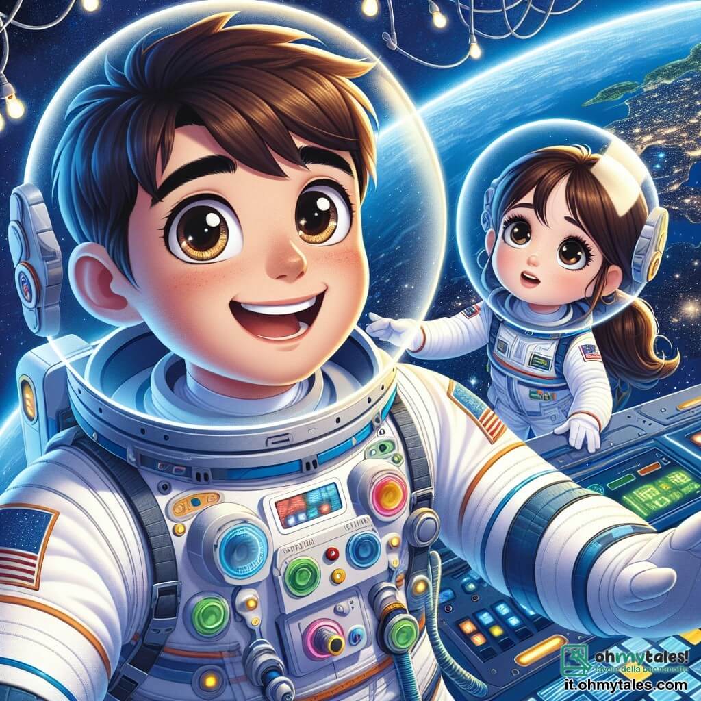 Un astronauta uomo, Marco, è al centro dell'immagine, con un grande sorriso sul volto e gli occhi brillanti di eccitazione. Indossa una tuta spaziale bianca con dettagli colorati e un casco trasparente che rivela i suoi capelli castani e le guance leggermente arrossate. Marco sta fluttuando nello spazio, circondato da pannelli di controllo luminosi e pulsanti lampeggianti. Alla sua destra, una giovane ragazza, Giulia, di circa 10 anni, lo guarda con ammirazione. Ha lunghi capelli castani raccolti in una coda di cavallo e indossa una tuta da astronauta in miniatura. Sta alzando la mano, come se volesse aiutare Marco, e il suo viso è illuminato dallo stupore. Lo sfondo dell'illustrazione mostra l'immensità dello spazio, con stelle scintillanti e la Terra blu e verde sottostante, creando un'atmosfera magica e ispiratrice. La scena principale mostra Marco e Giulia mentre risolvono insieme un problema tecnico, con strumenti fluttuanti attorno a loro, simboleggiando lo spirito di squadra e la scoperta nell'avventura spaziale.