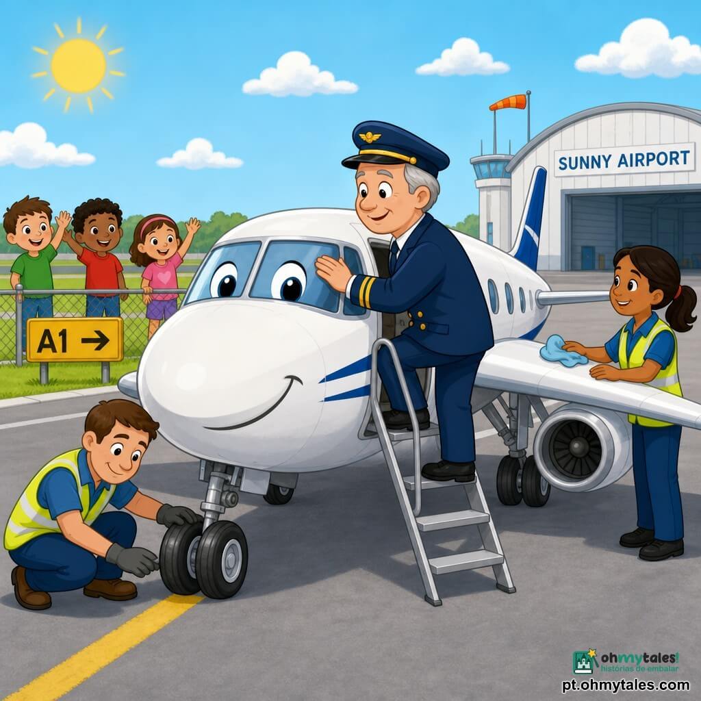 Piloto sorridente e calmo, cerca de cinquenta anos, cabelos grisalhos curtos, rosto redondo e olhos suaves, fardado azul‑escuro com boina, sobe a escada e pousa a mão no nariz do avião como se o acariciasse. Um auxiliar de terra (Pedro), cerca de 35 anos, pele clara e colete amarelo, agacha‑se junto ao trem de aterragem esquerdo e sorri; outra auxiliar (Sofia), cerca de 30 anos, pele morena e cabelo apanhado, colete amarelo e um pano na mão, inspeciona a asa à direita. Um grupo de crianças (dois rapazes e uma rapariga, ~6–8 anos) atrás de uma vedação acena e sorri. Pequeno aeroporto iluminado: pista cinzenta lisa, relva aparada, placa amarela e hangar branco; céu azul claro com nuvens e sol suave. Cena principal: momento caloroso e reconfortante em que o piloto entra no pequeno avião branco com um sorriso pintado na proa, os auxiliares verificam rodas e asas e as crianças aplaudem; atmosfera clara, cores saturadas e expressões amigáveis.