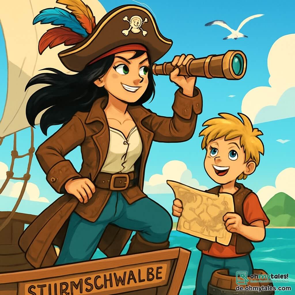Eine junge Piratin, Kapitänin Mara, steht stolz am Bug ihres Schiffes, der Sturmschwalbe. Sie hat lange schwarze Haare, grüne Augen voller Entschlossenheit und ein schelmisches Lächeln. Sie trägt einen mit bunten Federn geschmückten Piratenhut und eine abgenutzte Lederjacke, während sie mit einem alten Teleskop den Horizont absucht. Neben ihr steht ihr erster Maat, Jaro, ein etwa 12-jähriger Junge mit zerzausten blonden Haaren und neugierigen blauen Augen, der fest eine Schatzkarte hält. Er schaut bewundernd zu Mara auf, während er auf einem Fass steht, bereit, ihr bei diesem Abenteuer zu helfen. Das Schiff segelt über ein türkisfarbenes Meer, das von funkelnden Wellen und einem strahlend blauen Himmel geprägt ist, während Möwen darüber fliegen. Im Hintergrund zeichnen sich grüne Inseln am Horizont ab, geheimnisvoll und einladend. Die Hauptsituation zeigt Mara und Jaro, die ihren nächsten Schritt zur Isla de la Niebla planen, umgeben von der Begeisterung und Aufregung des bevorstehenden Abenteuers, während der Wind in die Segel bläst und aufregende Entdeckungen verspricht.