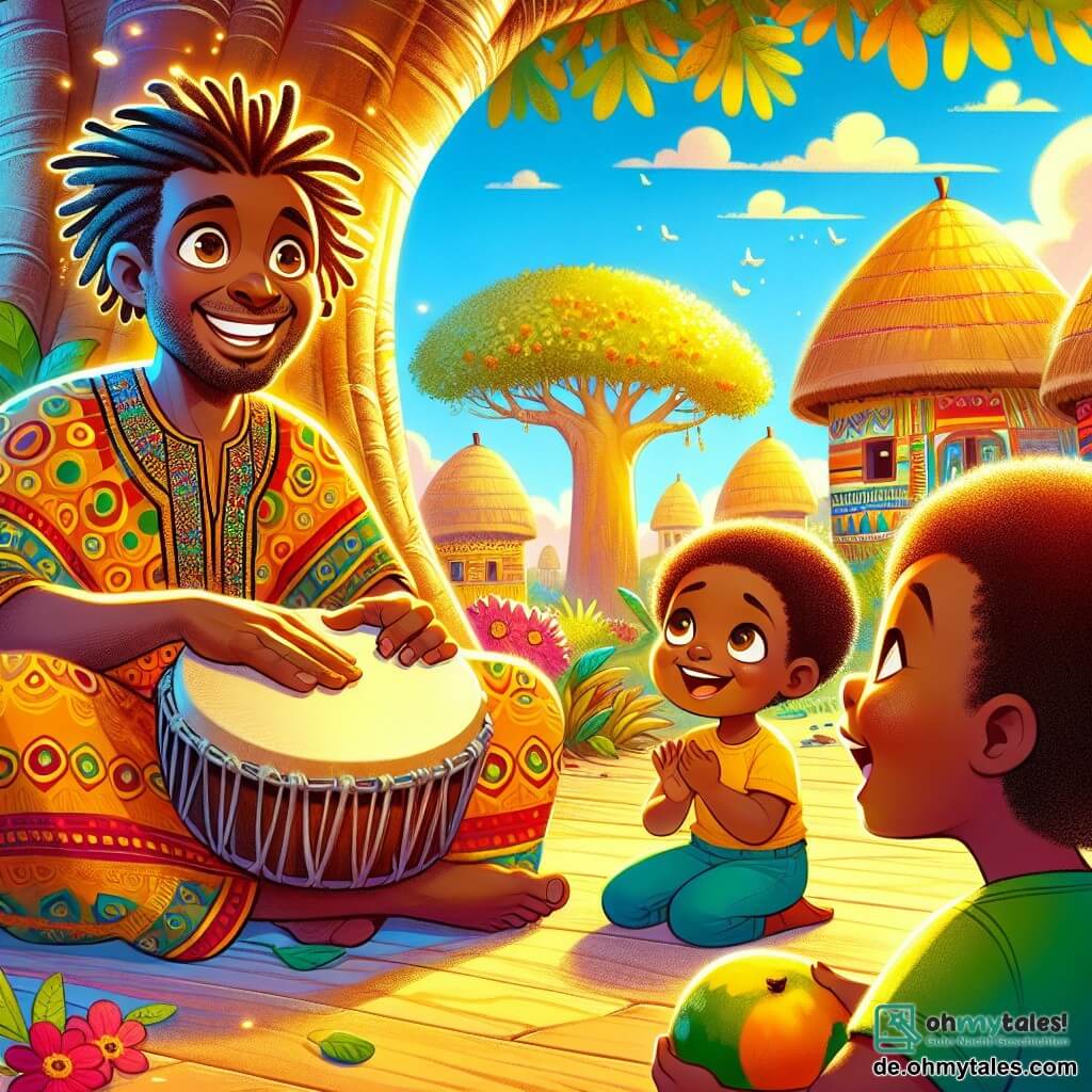 Ein Mann namens Kofi, mit einem breiten, warmen Lächeln und funkelnden Augen, trägt ein buntes Gewand mit afrikanischen Mustern. Er sitzt unter einem großen Baobab und schlägt sanft auf eine Holz-Trommel, umgeben von goldenem Licht. Neben ihm sitzt ein 7-jähriges Mädchen namens Mala, mit lockigem Haar und einem strahlend gelben Kleid. Sie lächelt fröhlich, während sie Kofi zuhört. Ein 6-jähriger Junge namens Tayo, mit leuchtenden Augen und einem grünen Hemd, steht daneben und hält eine Mango in den Händen, bereit zu teilen. Der Ort ist ein lebendiges afrikanisches Dorf mit bunten runden Häusern, umgeben von üppigem Grün und leuchtenden Blumen. Der Himmel ist blau mit flauschigen weißen Wolken. Die Hauptsituation zeigt Kofi, der eine wichtige Geschichte über Teilen und Gerechtigkeit erzählt, während die Kinder aufmerksam zuhören, ihre Gesichter erleuchtet von Aufregung und Neugier.