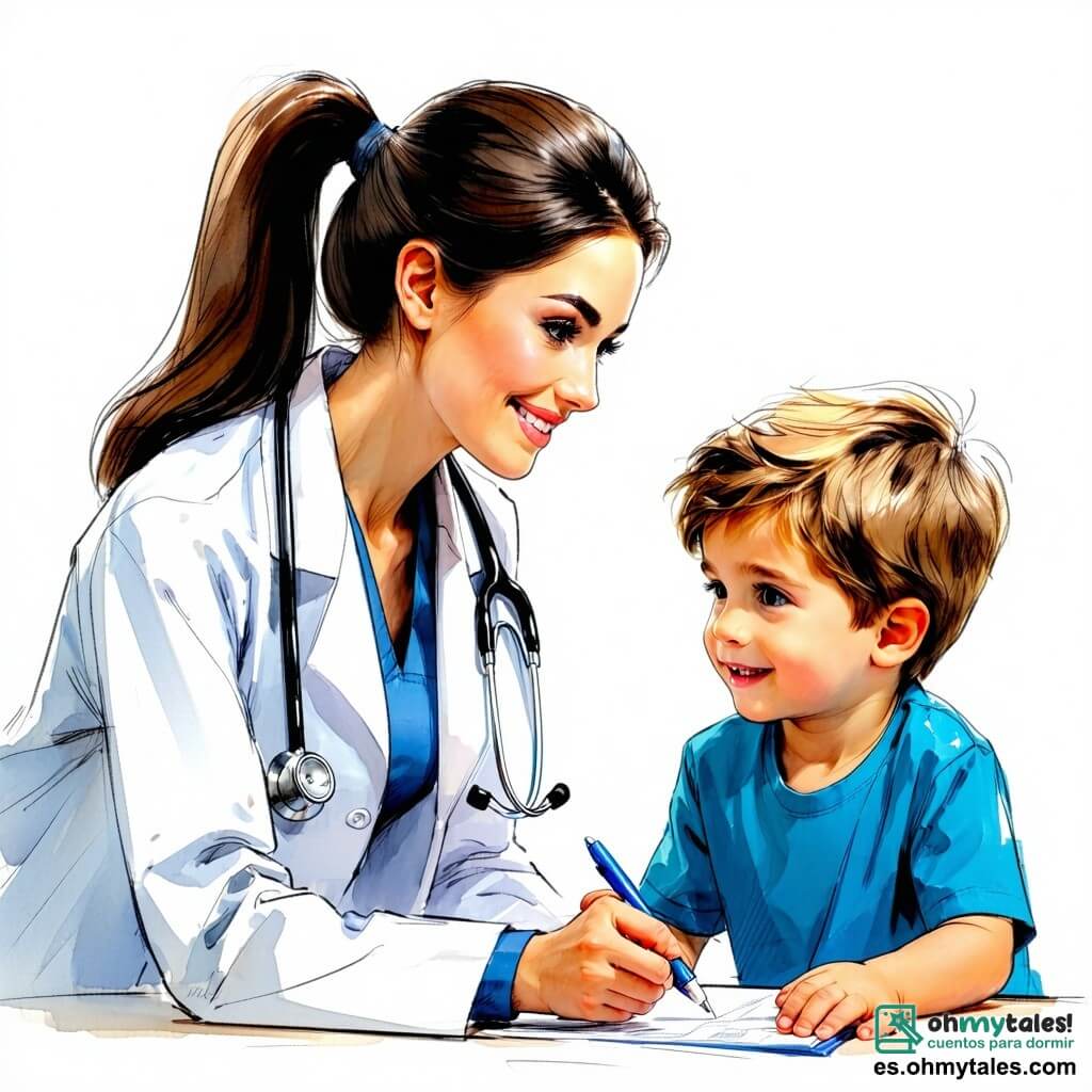 La doctora Ana es una mujer sonriente de unos treinta años, con largos cabellos castaños recogidos en una coleta. Lleva una bata blanca impecable y un estetoscopio alrededor del cuello, mirando con benevolencia a un niño pequeño. Sus ojos brillan de empatía mientras examina al paciente. El niño, de seis años, tiene el cabello rubio desordenado y lleva una camiseta azul con un dibujo de superhéroe. Está sentado en una mesa de examen, con una ligera sonrisa en su rostro, a pesar del dolor en su pie. Su madre, una mujer de unos cuarenta años con cabello castaño y una expresión preocupada, está a su lado, sosteniéndole la mano para tranquilizarlo. La escena tiene lugar en una sala de consulta luminosa y acogedora, con paredes pintadas de amarillo pastel, carteles coloridos sobre la salud infantil y juguetes esparcidos en una estantería. Una ventana deja entrar la luz del sol, creando una atmósfera cálida y reconfortante. La situación principal muestra a la doctora Ana atendiendo el pie lastimado del niño, hablándole suavemente para tranquilizarlo, mientras su madre lo observa con gratitud.