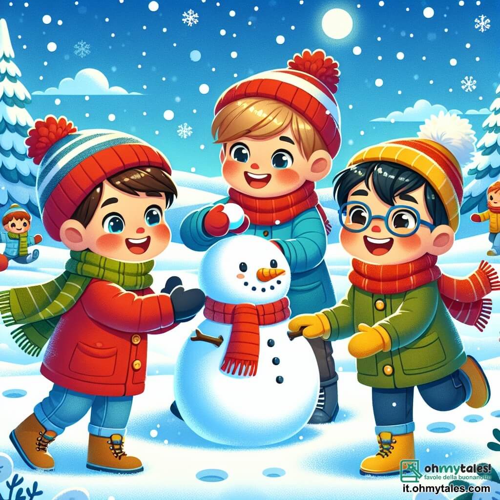 Tre piccoli amici giocano nella neve: Leo, un ragazzo di 7 anni con capelli castani e occhi brillanti, indossa un cappotto rosso vivo e un berretto abbinato. Sta lanciando una palla di neve ridendo. Marco, un ragazzo di 6 anni con capelli biondi e guance arrossate dal freddo, è vestito con un cappotto blu e una sciarpa a righe, pronto a prendere la palla di neve. Piero, un ragazzo di 7 anni con capelli neri e occhiali, indossa un cappotto verde e un berretto giallo, sta costruendo un grande pupazzo di neve con una carota per il naso. Il paesaggio è incantevole: alberi coperti di neve scintillante, un cielo blu chiaro e soleggiato, e fiocchi di neve che cadono dolcemente. In lontananza, si vedono colline bianche e impronte nella neve. La scena principale mostra i tre amici in una battaglia di palle di neve, ridendo e divertendosi, mentre un pupazzo di neve sorridente si erge accanto a loro, con un cappello di feltro e bottoni di pietra.