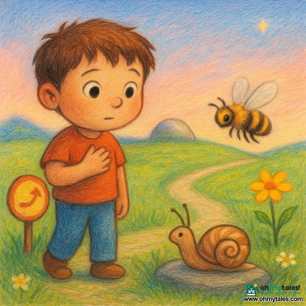 A 6-year-old boy with a round face, rosy cheeks and chestnut hair cut into a fringe, curious gentle expression and large bright eyes, walking slowly on a grassy path with his hand near his heart as if thinking, a tiny snail with a beige-and-brown striped shell stretched out on a flat stone before him with its shell turned and antennae withdrawn, a fuzzy yellow-and-black bee visiting a yellow flower a few paces away with translucent wings slightly blurred, a small round sign stuck in the ground painted naively with a straight line, a curve and a small star, bright colors and slightly chipped edges, a green meadow dotted with yellow and white flowers, two visible paths — a straight white stone path and a curved grassy ribbon — a low hill in the back with a large bread-shaped rock, a blue-pink twilight sky with a small twinkling star; the boy hesitates whether to follow the straight line or the curved path, tender contemplative mood, soft lighting, visible pencil textures, warm contrast between green grass and rosy sky.