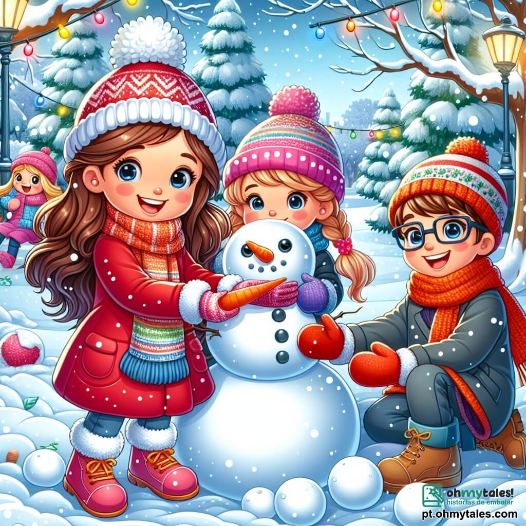Uma menina de 12 anos, Ana, com longos cabelos castanhos e bochechas rosadas, sorri alegremente enquanto constrói um grande boneco de neve no parque. Ela usa um casaco vermelho vivo, um gorro de lã e luvas coloridas, cheia de energia e entusiasmo. Ao seu lado, Miguel, um garoto de 11 anos com cabelos castanhos e óculos, a ajuda colocando uma cenoura como nariz do boneco de neve, rindo de felicidade. Sofia, uma menina de 10 anos com cabelos loiros e tranças, está sentada na neve, moldando bolas de neve para uma batalha amigável, observando seus amigos com um sorriso cúmplice. O parque está coberto por uma espessa camada de neve cintilante, com árvores majestosas cujos galhos estão carregados de flocos brancos e luzes coloridas penduradas, criando uma atmosfera mágica e festiva. A cena principal mostra Ana e seus amigos celebrando o inverno, rindo juntos e criando memórias alegres enquanto constroem seu boneco de neve, incorporando o espírito de camaradagem e alegria da estação.