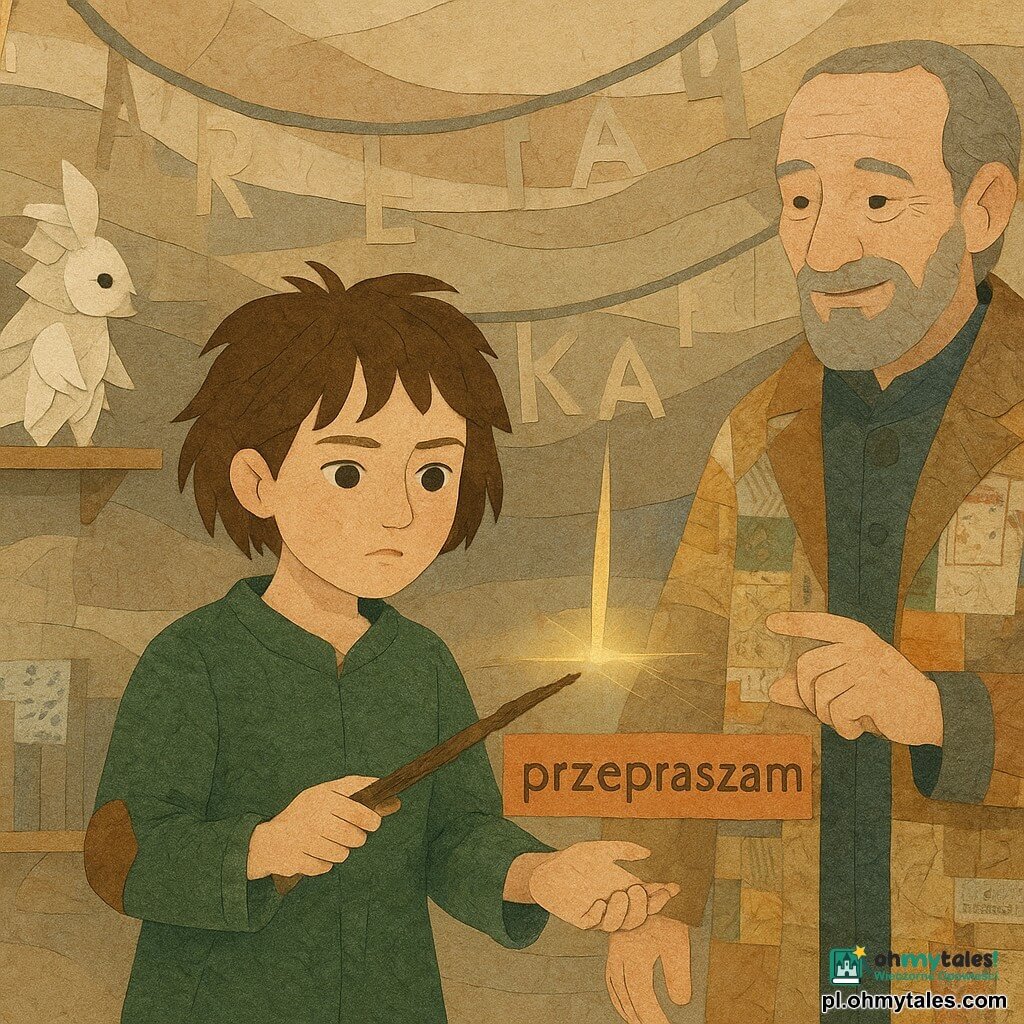 Dwunastoletnia młoda czarownica patrzy skupiona i wzruszona, w zielonej lnianej szacie z skórzanymi łokciami, krótkie potargane kasztanowe włosy, trzyma w dłoniach pękniętą drewnianą różdżkę; po jej prawej stoi około pięćdziesięcioletni Miro z pomarszczoną, łagodnie uśmiechniętą twarzą w patchworkowym płaszczu z plakatów, wskazujący dłonią cienką igłę światła niczym nauczyciel, nieco z tyłu by zostawić ją w centrum; niedaleko unosi się garde-papier — istota z złożonych kartek i tuszu — przy unoszącej się półce, z uważnym spojrzeniem i splecionymi dłońmi; scena rozgrywa się w Przędzarni Znaczeń, wielkiej okrągłej sali z falującymi ścianami jak powierzchnia papierowego jeziora, setkami liter wiszącymi w girlandach i dużą szklaną misą z złotą wodą pod igłą świetlną; czarownica wkłada do szczeliny różdżki miedziane słowo przepraszam, a delikatne nitki światła splatają się, zszywając pęknięcie — ciepłe światła, papierowe tekstury i łagodna, uzdrawiająca magia.