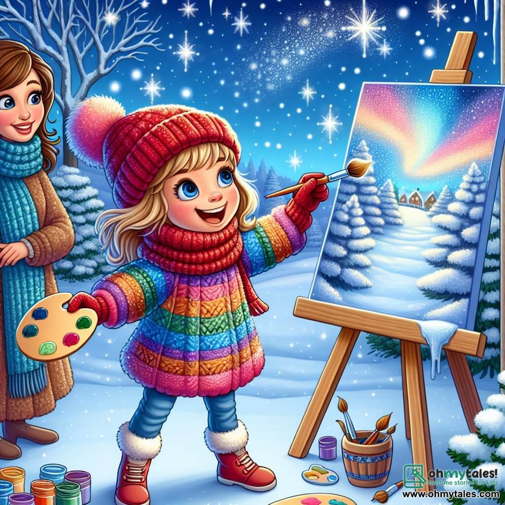 An 11-year-old girl, Sophie, stands at the center of the scene, her eyes shining with excitement and a big smile on her face. She wears a thick, colorful wool sweater, a red hat, and matching gloves, holding a paint palette in one hand and a brush in the other, ready to capture the beauty of winter. Next to her, her mother, a woman in her thirties, watches her with pride. She has brown hair and wears a wool scarf, encouraging Sophie with a warm smile. The setting is a magical garden covered in a thick layer of sparkling snow, with trees laden with snow and a clear blue sky dotted with fluffy clouds. Sophie is painting on a large canvas, depicting a magical winter landscape where snowflakes dance in the air, while sparkling lights evoke the Northern Lights.