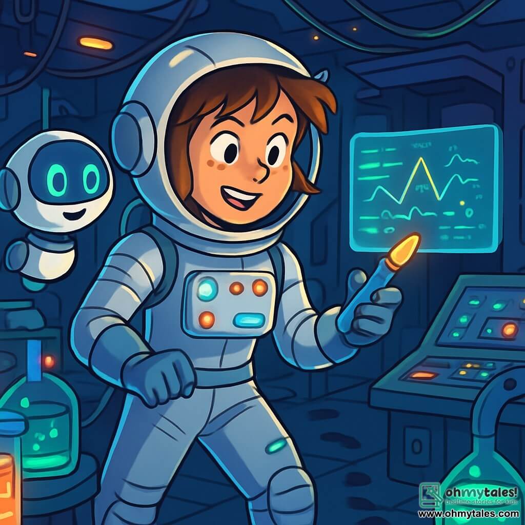 Maya, a twenty-four-year-old woman, stands in a futuristic laboratory, her face marked by excitement and determination. She wears a silver spacesuit adorned with blinking lights, and her helmet is slightly tilted, revealing her tousled brown hair. She holds a shiny tool in her hand, scrutinizing a holographic screen that projects strange data. Beside her, PICO, a small round and friendly robot, floats in the air. With its bright eyes and digital smile, it seems ready to assist Maya in her mission. The lab is filled with futuristic consoles, glowing cables, and glass tubes containing samples of strange colored substances. Blinking lights on the ceiling and dancing shadows on the walls create an atmosphere that is both intriguing and slightly unsettling. The main scene shows Maya exploring the lab, searching for clues about mysterious footprints leading to a closed door, while a strange buzzing resonates around her, suggesting that something unexpected lurks in the shadows.