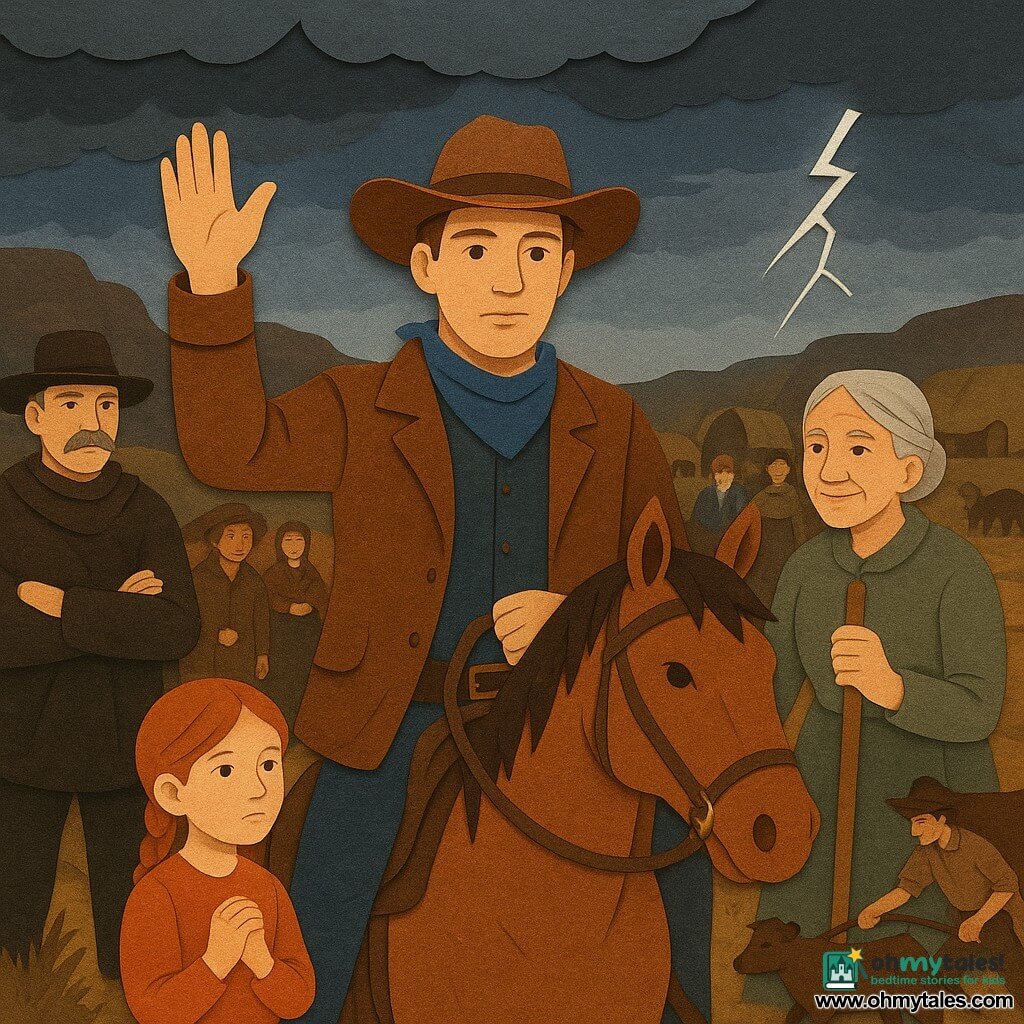 A man—Jack—stands center, determined calm face, gentle eyes, brown cowboy hat, worn leather jacket, blue neckerchief with a small blue ribbon at his buttonhole, holding his horse Dusty's reins with one hand and raising the other to give a signal; to Jack's left the adult sheriff Morales, serious but reassuring, gray mustache, dark poncho, arms crossed and slightly back as an advisor; to Jack's right an elderly woman, Old Mae, silver hair in a bun, wise smile, decorated wooden cane, leaning toward the group; in the foreground a small girl, Rose, about seven, red braid, attentive calm look, hands clasped, clinging to an adult's leg; a teenage boy, Pete, flushed and tired but focused, dusty cowboy clothes, herding calves into an enclosure in the background; villagers gathered in a semicircle behind Jack, calm, disciplined, some worried faces, blankets and lamps; setting on a rocky ridge at a rain-swept sunset with sandy ground and dry grass, dark storm sky and distant lightning, wet tents and wagons and shiny mud; the moment is preparation before the storm—Jack gives the quiet signal, the crowd guides the livestock to shelter, tense but orderly, warm lamp light contrasting with the blue-gray sky.
