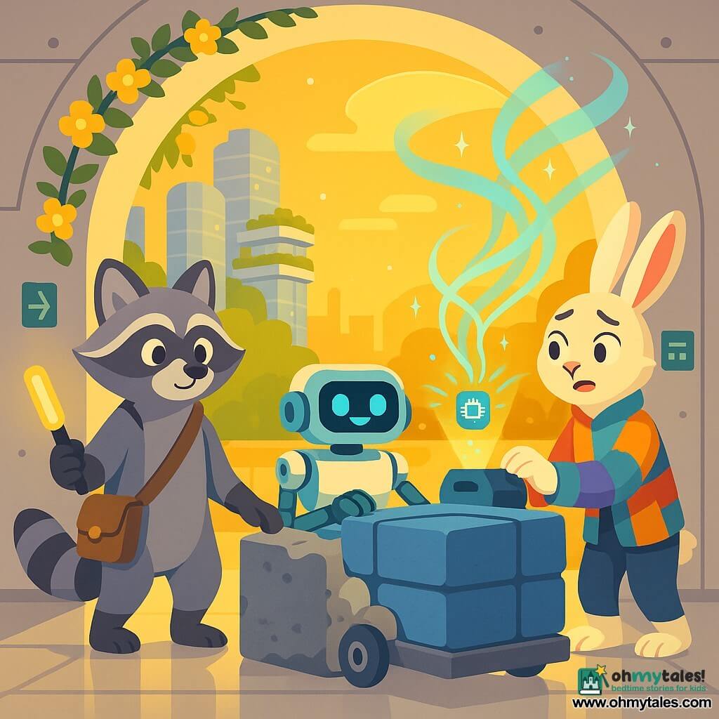 Milo, a young anthropomorphic raccoon with a soft but focused face, bright eyes, gray fur and a well-defined black mask, holds a glowing wand-scanner and wears a small leather satchel while calmly guiding a hardened box outside; Luma, an arctic hare artist with long ears and a colorful patchwork jacket, looks worried then relieved as she activates a projector emitting thin holographic ribbons marked by a small shining chip and adjusts it beside Milo; a compact white-mint service robot with articulated arms and friendly screen-eyes delicately lifts a large cemented blue-shell package between Milo and the tunnel entrance; the futuristic city tunnel entrance features a white arch with lemon-climbing flowers, a smooth reflective floor, walls dotted with small shiny silver sensors and flat screens showing green icons, with distant glass towers and terraced gardens visible; the team clears a mass of sticky crates fused into a solid block by hardening foam, floating holographic lights decorate the air without blocking the way, golden twilight atmosphere, clear centered composition, bright contrasting colors, clean lines and simple shapes.