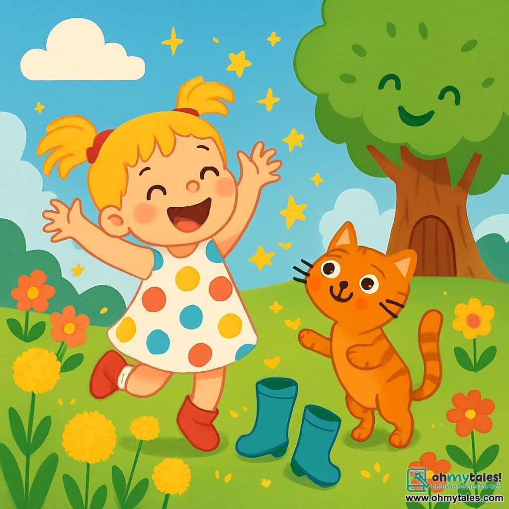 A 4-year-old girl named Pip, with blonde pigtails and sparkling eyes, wears a colorful polka dot dress and little red shoes. She is laughing joyfully, arms raised, jumping in a field of golden dandelions. Next to her, her cat Crumble, an adorable orange tabby, stands on his hind legs, wide-eyed and ready to pounce. Their surroundings are an enchanted landscape, with a blue sky dotted with fluffy clouds and a large tree with laughing leaves, under which a small wooden door is hidden. The scene is filled with multicolored flowers and sparkling stars falling from the sky. Pip and Crumble discover dancing boots that lead them into a joyful dance, while twinkling stars fall around them, creating a magical and fun atmosphere.