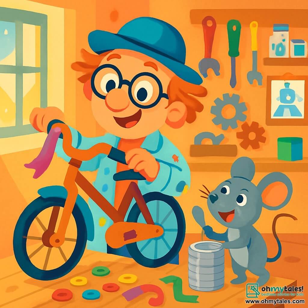 An inventor named Mr. Ollie, wearing large round glasses and a bright blue hat, smiles joyfully while holding an old bicycle. His hair is messy, and he wears a paint-stained work apron. Beside him, a small gray mouse named Pip, with sparkling eyes and large ears, jumps excitedly, tapping a spoon on an old tin can. The scene takes place in a warm workshop filled with colorful tools, shiny metal parts, and original creations hanging on the walls. Sunlight filters through a window, illuminating piles of buttons and ribbons scattered on a wooden table. Mr. Ollie and Pip are transforming worn objects into beautiful creations. Mr. Ollie proudly shows off the bicycle decorated with colorful ribbons, while Pip enthusiastically claps, ready to make music with the cans.