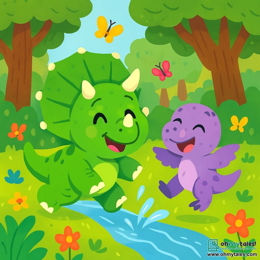 A joyful triceratops named Trixie, with bright green skin and white horns, smiles widely while jumping near a sparkling stream. Her bright eyes show her enthusiasm and curiosity. Next to her, Pip, a small dinosaur with purple spots, joyfully leaps with his tiny wings open, laughing happily. The setting is a lush forest filled with tall brown-trunked trees and colorful flowers dancing in the breeze. The ground is covered in green leaves and vibrant flowers, while the crystal-clear stream flows gently, creating joyful splashes. The main scene shows Trixie and Pip playing together, splashing water and laughing, surrounded by colorful butterflies flying around them, creating a lively and happy atmosphere.