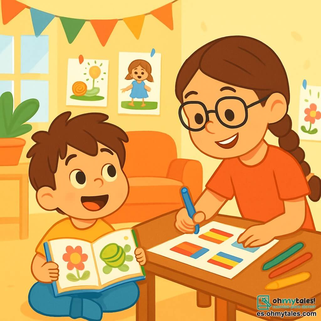 Un niño pequeño de 4 años, llamado Mateo, con cabello castaño desordenado y ojos llenos de curiosidad, está sentado en el suelo de una sala luminosa. Tiene una gran sonrisa en su rostro y sostiene un libro de colorear con páginas llenas de dibujos coloridos. A su lado, su hermana Lucía, una niña de 8 años con cabello largo trenzado y gafas, se inclina sobre una mesa de madera, dibujando banderas de diferentes países con marcadores de colores. La sala está decorada con guirnaldas de papel y dibujos colgados en la pared, creando un ambiente festivo y acogedor. Mateo mira a Lucía con admiración, ansioso por comenzar su proyecto de verano.