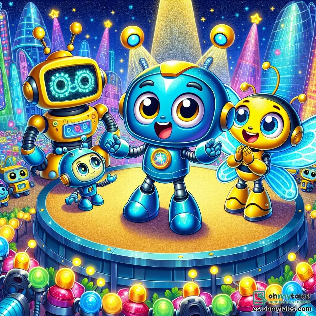 Zappy, un pequeño robot de color azul brillante con ojos redondos y expresivos, está de pie sobre una plataforma flotante, mostrando una gran sonrisa de emoción mientras presenta su proyecto innovador a un grupo de robots. A su lado, Buzzy, un robot amarillo brillante con alas de mariposa y una cara alegre, aplaude con entusiasmo, sus ojos brillando de orgullo. El escenario es Luminiopolis, una ciudad futurista con edificios de vidrio brillante, iluminados por neones multicolores, con coches voladores zumbando en el cielo estrellado. Flores mecánicas de colores vibrantes rodean la escena, añadiendo un toque de magia al entorno. La situación principal muestra a Zappy y Buzzy revelando su invención revolucionaria, un pequeño dispositivo de comunicación, ante un público de robots fascinados, todos cautivados por su creatividad y amistad.