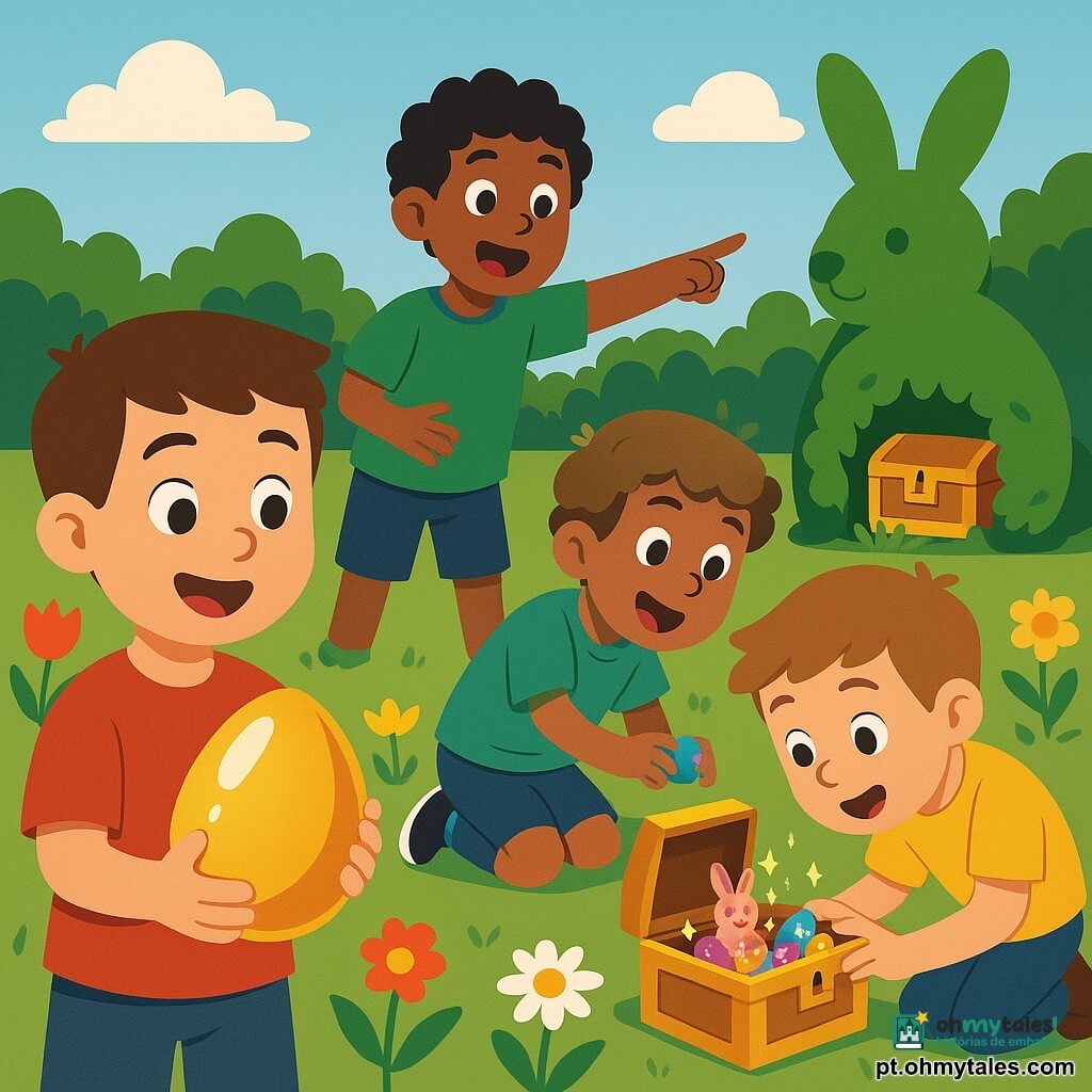 Quatro meninos (c.8–9 anos) num jardim ensolarado com relva e flores: menino à esquerda de camiseta vermelha segura um grande ovo dourado; à direita, de camiseta azul agachado abre um pequeno ovo azul junto a um vaso de barro; ao centro, de camiseta verde aponta para um pequeno baú dourado escondido num arbusto em forma de coelho; ao lado, de camiseta amarela puxa a tampa do baú que liberta brinquedos coloridos e mini-ovos de chocolate; cena alegre, cores vivas e estilo infantil simples.