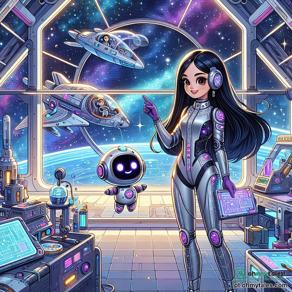 Uma mulher, a Dra. Luna, está de pé em um hangar espacial, com o rosto radiante de empolgação e determinação. Ela usa um elegante e futurista traje espacial prateado, com detalhes roxos cintilantes. Seus longos cabelos negros flutuam levemente no ar, e ela segura um tablet científico em uma mão, enquanto a outra mão está levantada, como se estivesse apontando para as estrelas. Ao lado dela, Pip, um pequeno robô de olhos brilhantes e redondos, está flutuando e emitindo bipes alegres. Ele tem uma forma redonda e braços articulados, parecendo ansioso para acompanhar Luna em sua missão. O hangar é imenso, com paredes de vidro transparente que revelam o espaço estrelado do lado de fora. Naves espaciais brilhantes estão estacionadas ao redor, e ferramentas futuristas estão espalhadas sobre mesas. A cena principal mostra Luna pronta para escolher sua nave para a missão rumo à misteriosa Nebulosa Violeta, com estrelas cintilantes e nebulosas coloridas visíveis através das janelas do hangar. A atmosfera está cheia de expectativa e aventura.