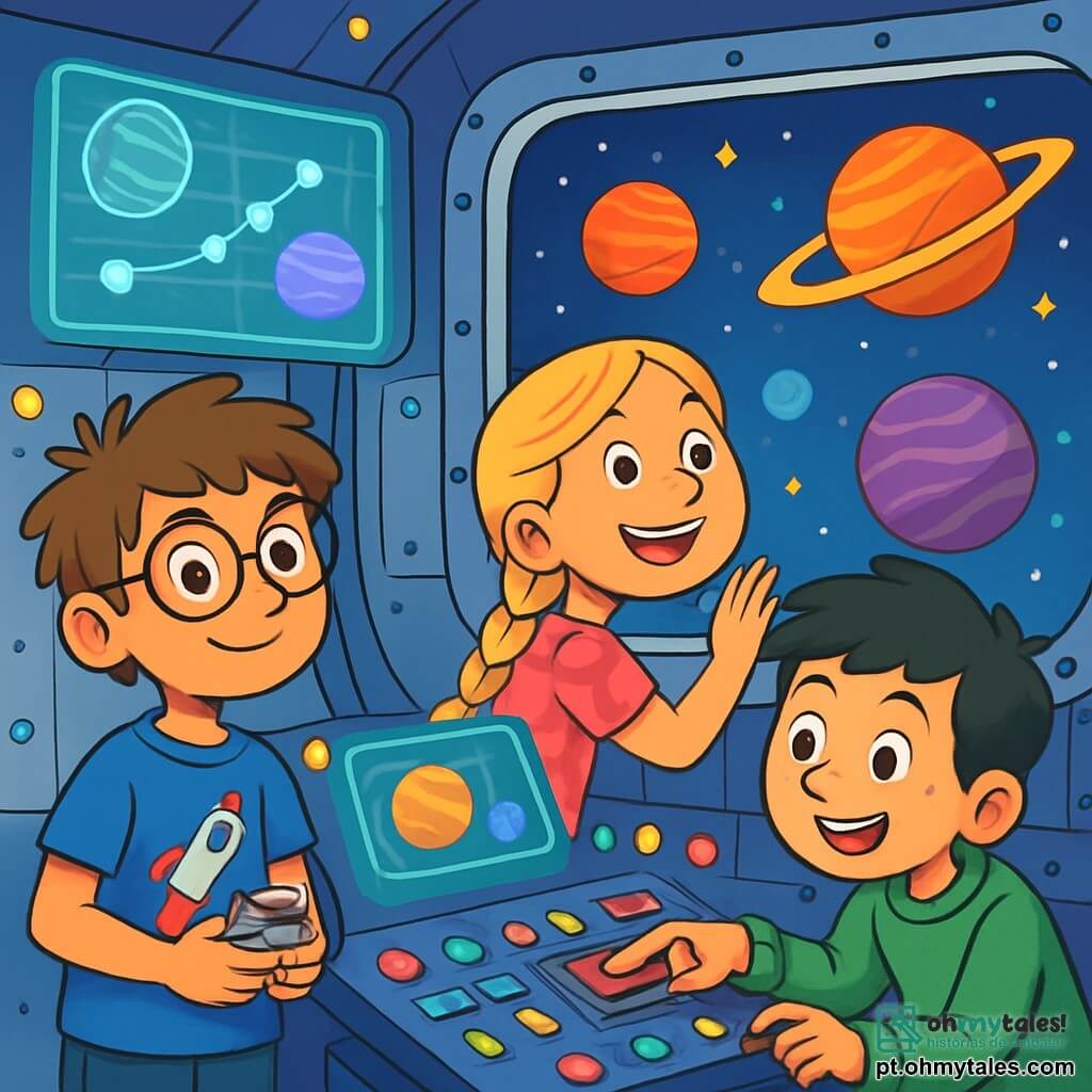 Há 3 personagens: - Lucas: um garoto de 10 anos, com cabelos castanhos bagunçados e óculos redondos. Ele usa uma camiseta azul com um foguete desenhado e segura um pequeno aparelho de metal. - Sofia: uma menina de 9 anos, com longos cabelos loiros trançados e um sorriso radiante. Ela está vestida com um vestido rosa de bolinhas e olha maravilhada através de uma grande janela da nave espacial. - Pedro: um garoto de 10 anos, com cabelos negros e sardas no rosto. Ele usa um moletom verde e está inclinado sobre um painel de controle, pressionando botões luminosos. O local é o interior de uma nave espacial futurista, com paredes prateadas brilhantes e telas holográficas projetando imagens de planetas coloridos. Luzes piscantes iluminam o ambiente, criando uma atmosfera mágica e misteriosa. A cena principal mostra os três amigos, fascinados, descobrindo uma tela que exibe destinos interestelares, cercados por botões coloridos e luzes cintilantes, prontos para escolher sua próxima aventura no espaço.