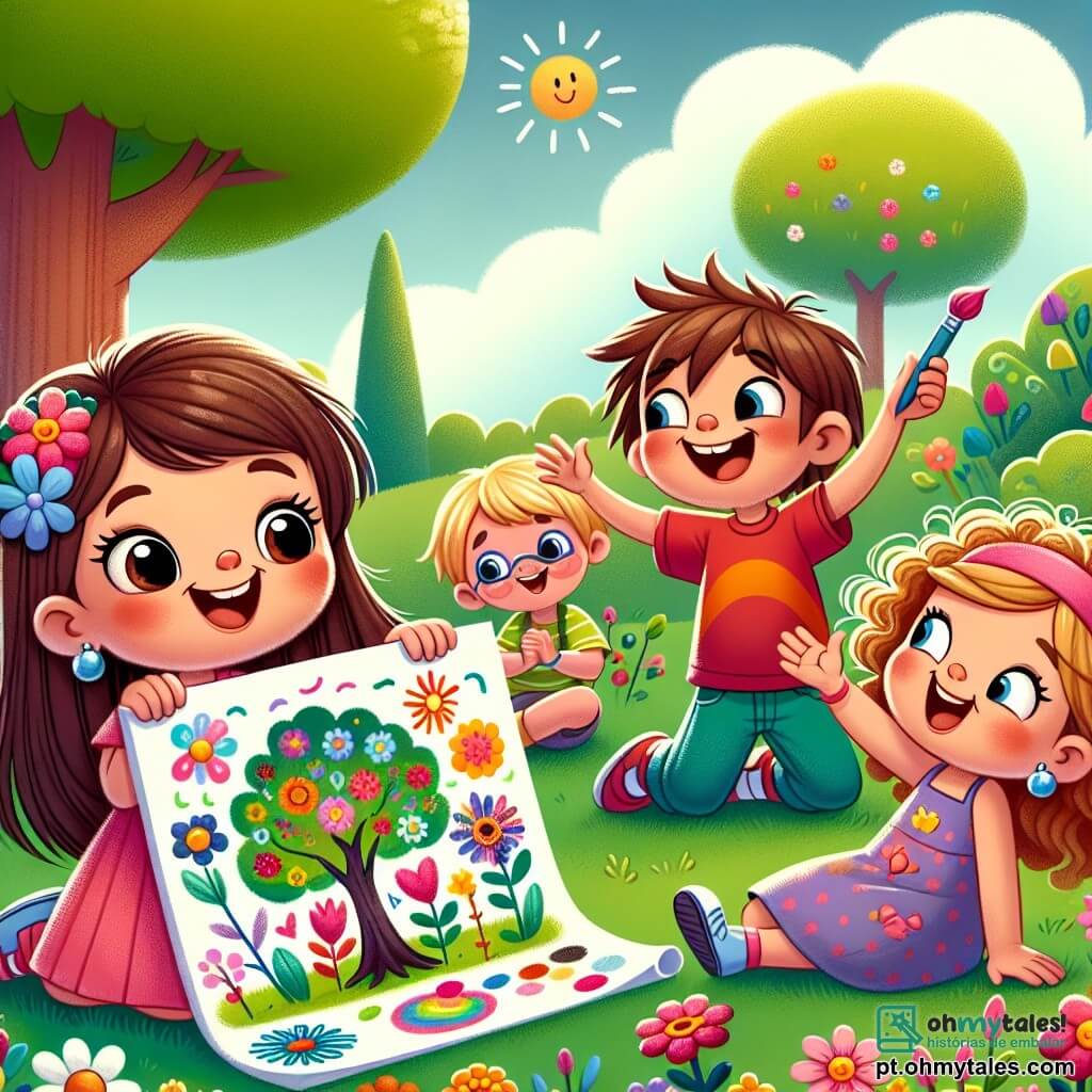 Uma menina de 6 anos, Lila, com longos cabelos castanhos e olhos brilhantes de alegria, está sentada na grama verde do parque, sorrindo amplamente enquanto segura um grande desenho colorido de uma árvore e flores. Ao lado dela, um menino de 7 anos, Tom, com cabelo loiro bagunçado e uma camiseta vermelha, aplaude entusiasticamente, mostrando seu apoio a Lila. Outra personagem, Ana, uma menina de 6 anos com cabelos cacheados e vestido rosa, se inclina para admirar o desenho, com os olhos brilhando de admiração. O parque está cheio de flores coloridas, com uma grande árvore no centro, e o sol brilha em um céu azul claro, criando uma atmosfera alegre e acolhedora. A cena principal mostra Lila e seus amigos celebrando a amizade, cercados de risadas e criatividade, enquanto trabalham juntos em seu grande desenho para o clube "Os Amigos do Parque".