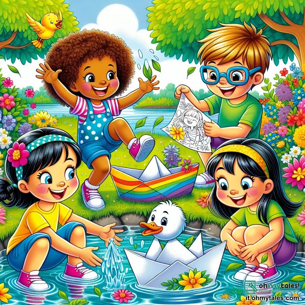 Quattro amiche felici si ritrovano presso un laghetto scintillante, circondato da fiori colorati e alberi verdi. Giulia, di 10 anni con capelli ricci e castani, indossa una maglietta gialla e pantaloni corti blu, salta in acqua ridendo. Martina, di 10 anni con capelli lisci e biondi, indossa occhiali giganti e un vestito a pois, è seduta sul bordo del laghetto ridendo mentre tiene una barchetta di carta. Sofia, di 10 anni con capelli castani e una coda di cavallo, è in piedi con un disegno del suo drago blu e un grande sorriso. Valentina, di 10 anni con capelli lunghi e neri, indossa una maglietta verde e si accovaccia per raccogliere foglie colorate da usare per decorare le barche. Al centro dell'immagine, un'anatra divertente con piumaggio giallo nuota felicemente verso le barche di carta, sembrando incuriosita dalle risate delle ragazze. La scena è piena di gioia e colori vivaci, catturando lo spirito di una giornata estiva ricca di avventure e risate tra amici.