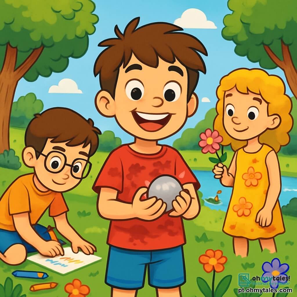 Um garoto de 10 anos, chamado Pedro, com cabelos castanhos bagunçados e olhos brilhantes de curiosidade, sorri amplamente enquanto segura uma pedra brilhante nas mãos. Ele usa uma camiseta vermelha com estampas de dinossauros e um short azul, e está no centro da imagem, irradiando alegria e empolgação. À sua direita, Sofia, uma menina de 9 anos com cabelos cacheados e dourados, veste um vestido amarelo com flores e admira uma bela flor que segura delicadamente. À esquerda, Luís, um garoto de 10 anos com óculos e cabelos castanhos, está inclinado para frente, desenhando em uma folha de papel com lápis de cor, concentrado e entusiasmado. O local é um parque verdejante, cheio de árvores majestosas, flores coloridas e um céu azul claro com nuvens brancas. Ao fundo, há um pequeno lago onde patos nadam tranquilamente. A cena principal mostra Pedro e seus amigos explorando a natureza, descobrindo tesouros, com sorrisos radiantes e risadas, capturando o espírito alegre e aventureiro de suas férias de verão.