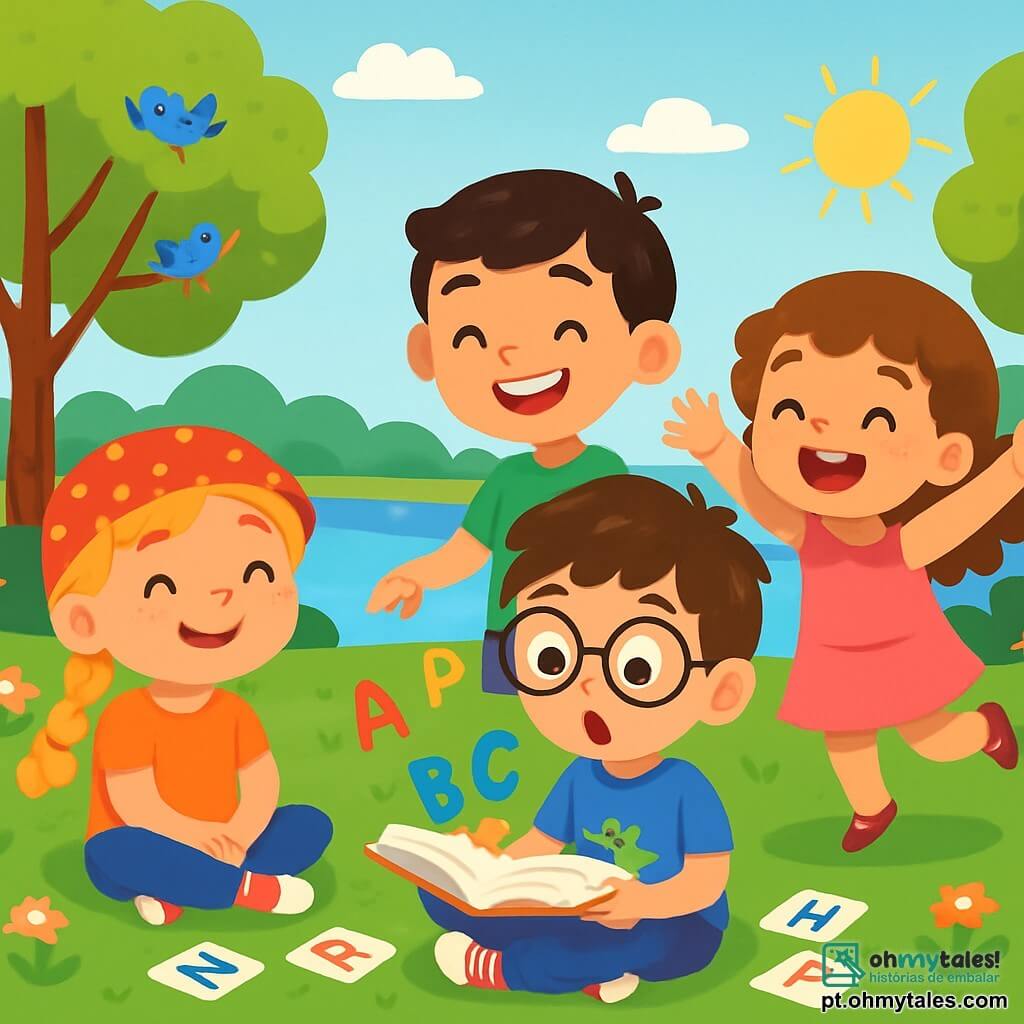 Há 4 crianças: - Tomás: um menino de 6 anos, com cabelos castanhos bagunçados e óculos redondos. Ele usa uma camiseta azul com um desenho de dinossauro e segura um livro aberto, olhando as letras com admiração. - Sofia: uma menina de 6 anos, com longos cabelos loiros trançados e um chapéu vermelho com bolinhas. Ela sorri alegremente, sentada na grama, com as pernas cruzadas. - Lucas: um menino de 6 anos, com cabelos negros e um grande sorriso. Ele usa uma camiseta verde e está em pé, apontando para uma letra no livro de Tomás. - Marta: uma menina de 6 anos, com cabelos castanhos cacheados e um vestido rosa. Ela está pulando de alegria ao lado de Sofia, com os braços levantados. O cenário é um parque ensolarado, cheio de árvores com folhas verdes brilhantes e flores coloridas. No centro, um grande lago brilha sob o sol, cercado por gramados verdes. Pássaros cantam nas árvores e nuvens brancas flutuam em um céu azul claro. A situação principal mostra as crianças sentadas em círculo na grama, rindo e se divertindo ao transformar as letras de Tomás em desenhos coloridos, cercadas por cartões com letras espalhadas ao redor, em uma atmosfera alegre e cheia de imaginação.