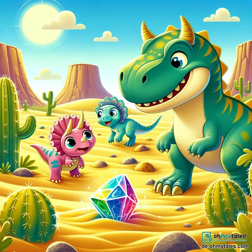Ein großer und majestätischer Tyrannosaurus Rex mit grünen Schuppen und neugierigen, funkelnden Augen steht im Mittelpunkt der Szene und lächelt fröhlich, als er einen wunderschönen, bunten, im Sand glänzenden Stein entdeckt. An seiner rechten Seite schaut ein kleiner Triceratops namens Trixi mit süßen Hörnern und rosafarbener Haut den Stein voller Staunen an, seine großen runden Augen sind vor Aufregung weit geöffnet. Links springt ein agiler Velociraptor namens Raptor mit leuchtend blauen Federn vor Freude in die Luft, seine Hinterbeine in der Luft, bereit, diesen Schatz zu erkunden. Die Szene spielt in einer weiten, sonnigen Wüste mit großen Kakteen und bunten Steinen unter einem strahlend blauen Himmel mit einigen fluffigen weißen Wolken. Im Vordergrund sind die drei Dinosaurier von goldenen Sanddünen umgeben, in denen die Sonne scheint und den funkelnden Stein beleuchtet, der ihre Aufmerksamkeit erregt hat. Die Hauptsituation zeigt Rex, Trixi und Raptor, die gemeinsam im Sand graben und den glänzenden Stein entdecken, während sie lachen und ihre Freude über den gefundenen Schatz teilen, der Freundschaft und Abenteuer symbolisiert.