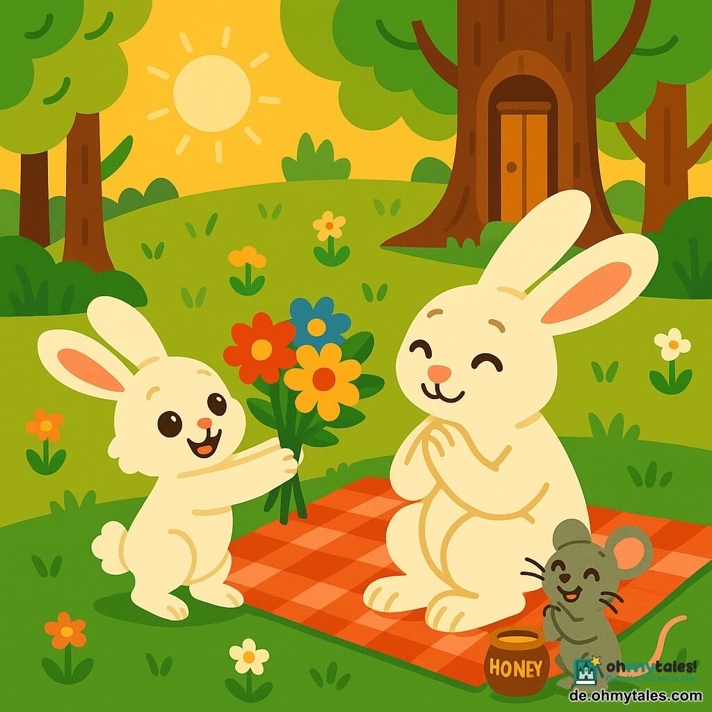 Ein kleiner weißer Hase mit großen rosa Ohren und flauschigem Fell hält einen großen bunten Blumenstrauß (gelb, rot, blau) und reicht ihn seiner Mutter, einer großen cremefarbenen Häsin mit gerührtem, sanftem Ausdruck, die mit halbgeschlossenen Augen auf einer rot-weiß karierten Decke sitzt; eine graue Maus mit feinen Schnurrhaaren und funkelnden Augen steht daneben, klatscht freudig und hält ein Honigglas. Die Szene spielt in einer sonnigen Waldlichtung mit hellem grünen Gras, vereinzelten Wildblumen und hohen Bäumen; im Hintergrund öffnet sich ein hohler Baum und zeigt einen hölzernen magischen Aufzug. Zentrale Komposition in leichter Vogelperspektive, kräftige kontrastreiche Farben, dicke Linien, einfache Formen, warme festliche Stimmung im weichen Morgenlicht.