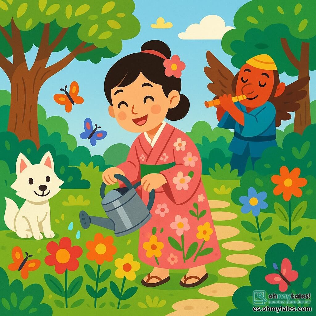 Una mujer llamada Sakura, de unos 30 años, se encuentra en el centro del jardín encantado, con una sonrisa radiante y ojos brillantes de alegría. Lleva un kimono tradicional con delicados motivos florales en tonos de rosa y verde, y sostiene un regador de metal brillante, cuidando con esmero las flores vibrantes. A su lado, un pequeño zorro blanco, con ojos vivos y curiosos, observa a Sakura con una expresión amistosa, listo para ayudarla en su jardín. Un tengu, un espíritu del bosque, se sitúa un poco más atrás, con alas de pájaro y una sonrisa, tocando la flauta y creando una suave melodía que flota en el aire. El jardín es un verdadero cuadro vivo, lleno de flores multicolores, grandes árboles majestuosos con hojas verdes y doradas, y pequeños senderos de piedra que serpentean entre arbustos exuberantes. Mariposas coloridas danzan alrededor de las flores, añadiendo a la magia del lugar. La escena principal muestra a Sakura regando sus flores, mientras el zorro y el tengu la observan con admiración, creando una atmósfera de felicidad y armonía en este jardín encantado.