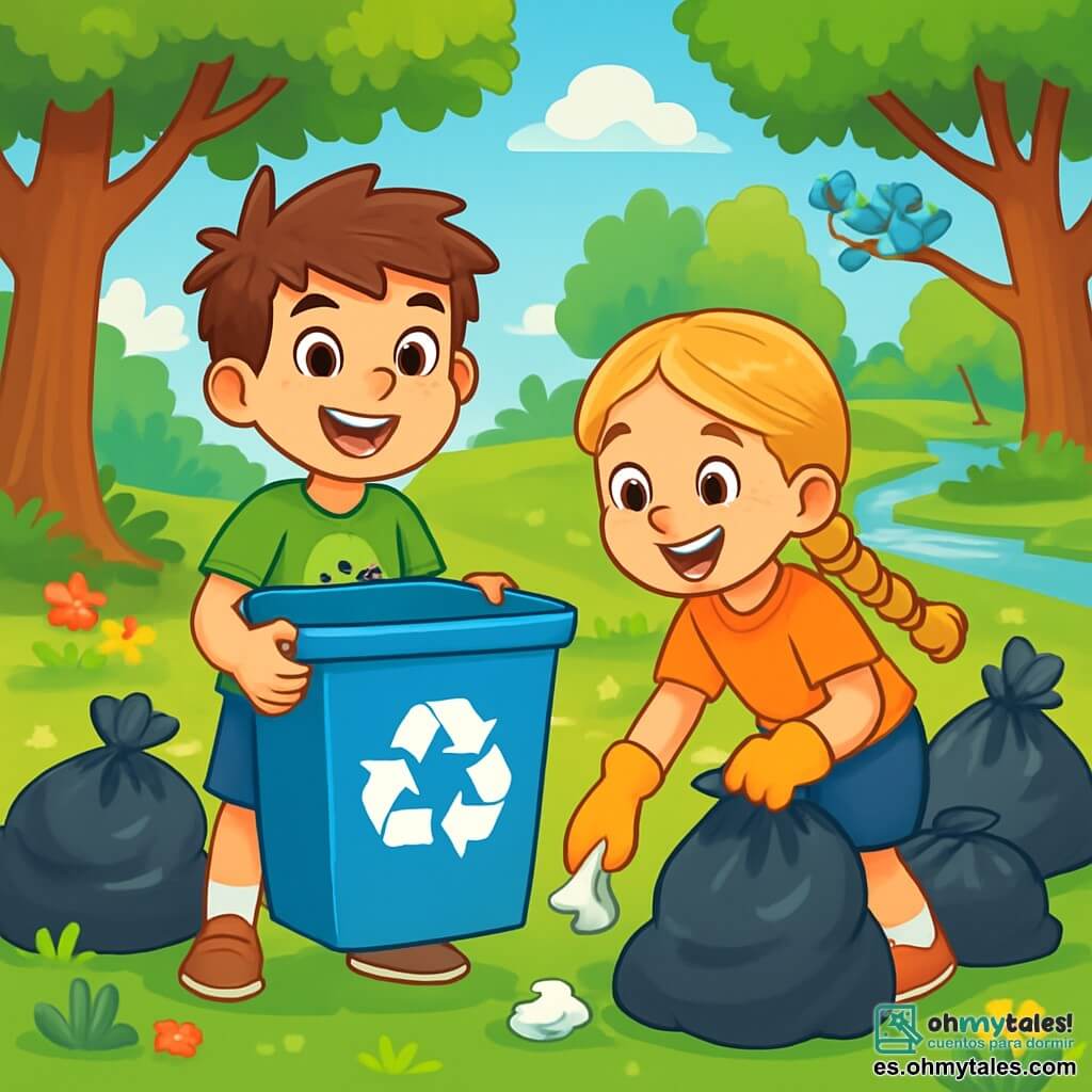 Un niño de 8 años, Lucas, con cabello castaño desordenado y ojos llenos de curiosidad, sonríe alegremente mientras sostiene un gran contenedor de reciclaje. Lleva una camiseta verde brillante con un dibujo de un árbol y un short azul. A su lado, su mejor amiga Ana, una niña de 8 años con cabello largo y rubio trenzado, usa guantes de jardinería y recoge basura con una gran sonrisa. El parque de Villa Verde está lleno de flores coloridas, árboles majestuosos y un cielo azul brillante. Los pájaros cantan en las ramas y un pequeño arroyo brilla al sol. La escena muestra a Lucas y Ana limpiando el parque, rodeados de bolsas de basura llenas de desechos, riendo y disfrutando. Están decididos a embellecer su parque, ilustrando la importancia de proteger la naturaleza.