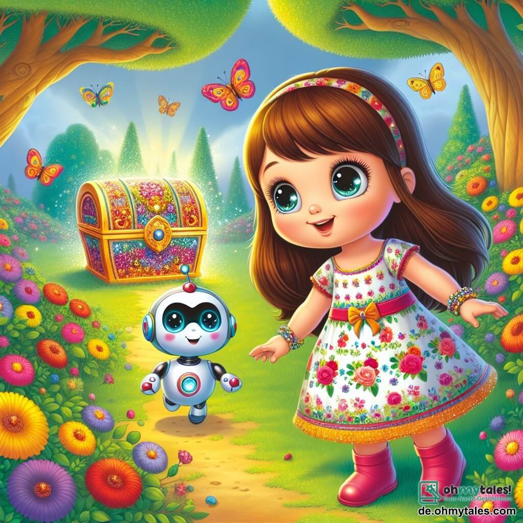 Es gibt zwei Hauptfiguren: 

1. Emma, ein vierjähriges Mädchen mit langen braunen Haaren und funkelnden Augen. Sie trägt ein buntes Kleid mit Blumenmustern und hält einen kleinen Korb voller Beeren. Sie steht auf einem grasbewachsenen Boden, lächelt und ist von ihrem Abenteuer begeistert.

2. Zippy, ein kleiner, runder Roboter in silberner Farbe mit leuchtenden Augen und einem großen Lächeln. Er schwebt leicht über dem Boden, neben Emma, mit einer ausgestreckten Hand, als wollte er sie einladen, ihm zu folgen.

Der Hauptort ist ein üppiger Garten, gefüllt mit strahlenden Blumen und majestätischen Bäumen. Im Hintergrund sieht man eine geheimnisvolle, bunte Kiste, die in der Sonne glänzt, umgeben von bunten Schmetterlingen, die in der Luft tanzen.

Die Hauptsituation zeigt Emma und Zippy, die bereit sind, zu einer Zeitreise aufzubrechen, während Emma aufgeregt die Kiste anschaut und Zippy lächelt und ungeduldig zu sein scheint, ihr Abenteuer zu beginnen.