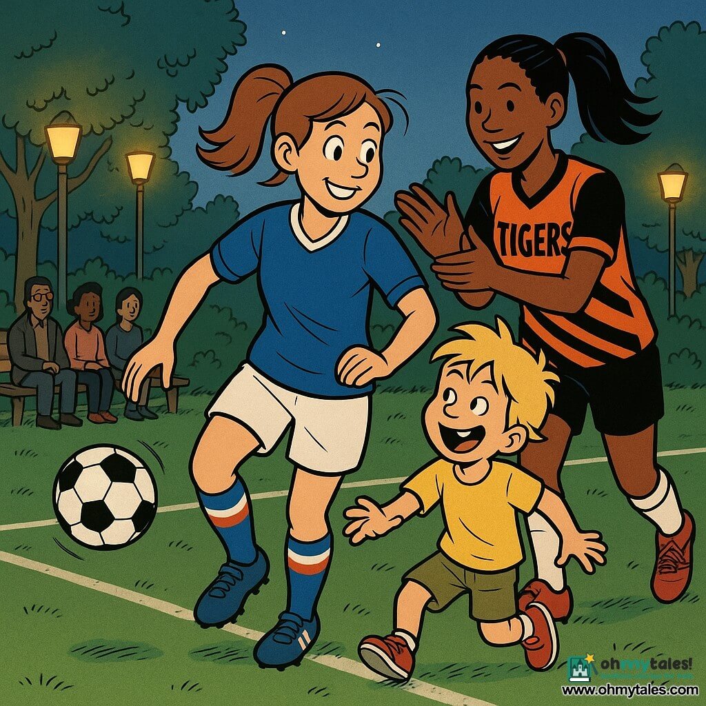 A smiling, determined woman (Mia) with a light-brown ponytail in a colorful soccer kit (blue jersey, white shorts, striped socks) dribbles a ball, gazing joyfully and confidently at a child; a 6–7-year-old blond boy (Timmy) in a yellow T-shirt and khaki shorts, delighted and laughing, tries to mimic the dribble beside and slightly ahead of her; a tall, tan professional player (Sarah), 25–30, in an orange-and-black Tigers jersey runs in from the right applauding and places an encouraging hand on Mia’s shoulder a few steps behind; a small neighborhood park at dusk with vivid green grass, worn white field lines, trees, soft lampposts, and blurred spectators on a bench; friendly training meet, warm colors, clear rounded lines, exaggerated readable expressions, and a sense of motion (ball in the air, hair moving).
