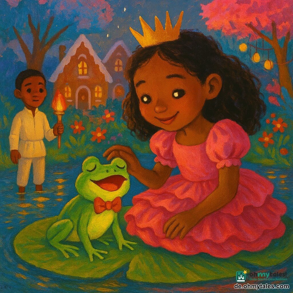 Prinzessin sitzt auf einem großen Seerosenblatt am Teichrand, lächelnd und ruhig, in einer rosa Rüschkleid, streichelt zärtlich den singenden Frosch Frido, ein leuchtend grüner Frosch mit winziger Fliege aus Pilzhaut und Laternenaugen; ein etwa zehnjähriger Page steht links im Hintergrund mit einer kleinen goldenen Fackel und schaut staunend zu; verzaubertes Reich bei Dämmerung mit Lebkuchenhäusern, zuckrigen Bäumen, glitzernden Bonbonblumen, hängenden Laternen und goldenen Spiegelungen im Wasser, warme, sanfte Beleuchtung, gesättigte Farben und sichtbare, strukturierte Acrylpinselstriche.