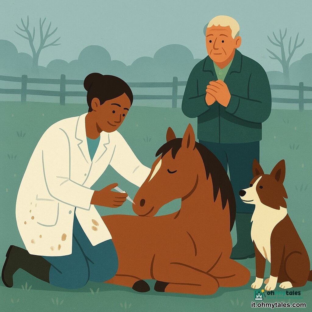 Una veterinaria sorridente ma concentrata, capelli castani raccolti in chignon, camice bianco sporco di terra, in ginocchio accanto a un grande cavallo, mano sinistra sul collo dell’animale e destra con una piccola siringa, espressione dolce e rassicurante; un contadino di circa 60 anni, volto rugoso e capelli brizzolati, con giacca di lana e stivali di gomma, in piedi leggermente dietro al cavallo con le mani giunte e sguardo sollevato e preoccupato; un cane pastore maschio marrone e bianco con orecchie dritte e coda scodinzolante vicino alla veterinaria, seduto in primo piano a destra; un cavallo marrone dal manto lucido e criniera nera, disteso ma che si sta alzando, occhi semiclosi e alito visibile nell’aria fresca; luogo: un ampio prato coperto da una leggera nebbia, erba bagnata con gocce, recinto di legno e vecchio cancello rosso sullo sfondo con qualche albero spoglio in silhouette; situazione principale: la veterinaria cura una colica del cavallo nel campo nebbioso con gesti calmi e precisi, atmosfera tenera e pacifica incentrata sul contatto umano-animale.