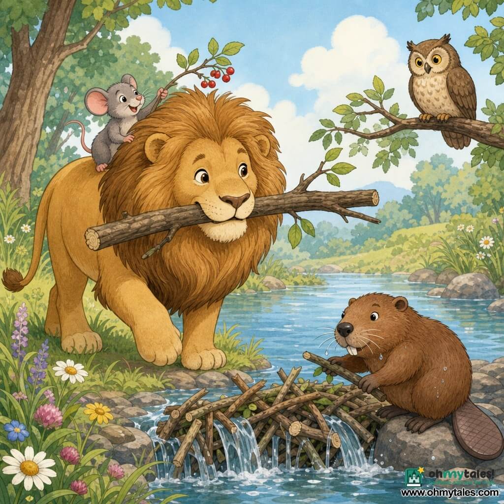 A golden-furred lion with a full mane, round face and gentle eyes smiles slightly while carrying a wide branch in its mouth, posing reassuringly with rounded nonthreatening muscles; a small gray mouse with big ears and a joyful expression perches on the lion’s back gathering red berries with a raised paw near the mane; a brown beaver with visible teeth, a focused look and wet whiskers adds branches to a dam standing by the water’s edge with its flattened tail on a rock; in the background a yellow-eyed owl with folded wings sits on a low branch watching softly; setting: a calm, sparkling river with grassy banks, wildflowers, large logs and piles of branches forming a dam under construction beneath a pale blue sky with fluffy clouds; the animals are building a sturdy dam together in a warm, pastel-colored scene with soft textures, rounded composition and friendly expressions.