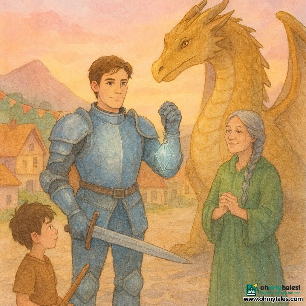 Sir Cedric, a 25-year-old knight with a determined yet gentle face, shining blue-tinted armor, holding a sword in one hand and a glowing crystal pendant in the other, confident and calming; Galdur, a large majestic dragon with glittering golden scales, kind amber eyes and wings partly spread behind Sir Cedric, protective and calm; Lady Elara, a 40-year-old healer with braided gray hair in a green robe, standing to the knight’s right with clasped hands and a reassuring smile; an 8-year-old village boy with tousled brown hair holding a small wooden spear, admiring in the foreground left. Setting: stone-paved village square at the foot of a mountain with colorful thatched houses, flags and garlands, a soft pink-orange sunset sky and distant trees and hills. Scene: a moment of union and peace—the knight introduces the dragon to the villagers, warm atmosphere, surprise turning to trust, soft light and long shadows, composition centered on their meeting. Style: delicate watercolor, warm washed colors, light outlines and visible paper texture.