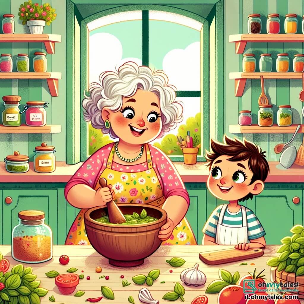La chef cuisinière, la signora Rosa, è una donna di mezza età con capelli ricci e bianchi, che indossa un grande grembiule colorato, sorridente e piena di gioia, mentre mescola ingredienti in una grande ciotola di legno. Accanto a lei, Luca, un ragazzo di 8 anni con occhi scintillanti e capelli castani, osserva con meraviglia, tenendo un mortaio tra le mani, pronto ad aiutare. La scena si svolge in una cucina calda e accogliente, con pareti dipinte di giallo pastello, mensole piene di barattoli di spezie colorate e una grande finestra che lascia entrare la luce del sole. Sul piano di lavoro, ingredienti freschi come basilico, pomodori e frutta sono disposti con cura, creando un'atmosfera gioiosa e vivace. Rosa e Luca stanno preparando un delizioso pesto, condividendo risate e storie, mentre l'odore degli ingredienti freschi riempie l'aria, simboleggiando la magia della cucina e l'apprendimento.