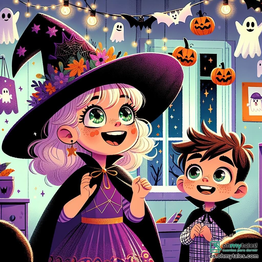 Una niña de 6 años, llamada Sofía, lleva un hermoso disfraz de bruja violeta con un gran sombrero puntiagudo. Tiene grandes ojos brillantes y una sonrisa maravillada, mostrando su emoción y curiosidad. A su lado, su amigo Lucas, un niño de 6 años con cabello castaño desordenado y un disfraz de vampiro, mira asombrado las decoraciones de Halloween que flotan a su alrededor. El decorado es un aula decorada para Halloween, con guirnaldas de fantasmas de papel, calabazas sonrientes y luces centelleantes. Las paredes están adornadas con dibujos de arañas y murciélagos. La situación principal muestra a Sofía y Lucas, maravillados, descubriendo que las decoraciones del aula cobran vida, creando una atmósfera mágica y festiva.