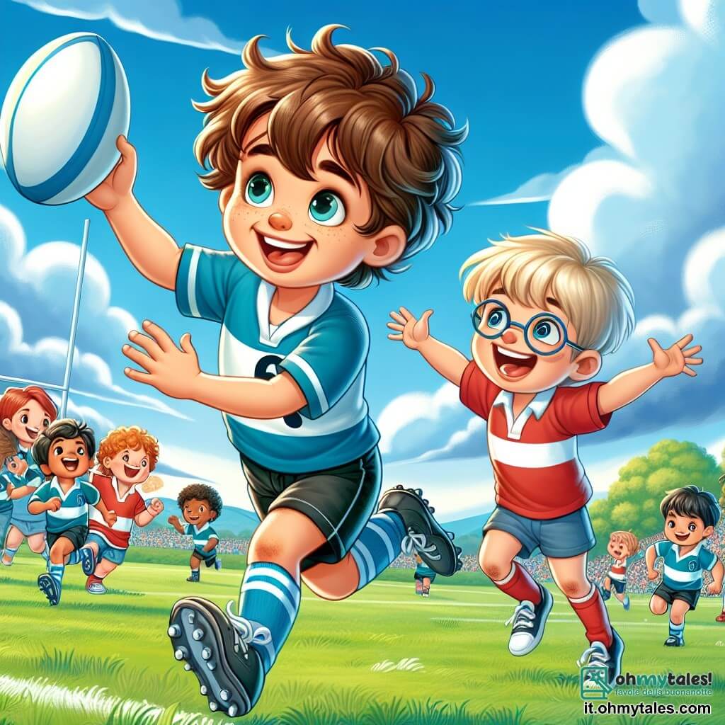 Un ragazzo di 6 anni, di nome Luca, con i capelli castani in disordine e gli occhi scintillanti di gioia, corre su un campo da rugby verde. Indossa una maglietta blu con un numero bianco e pantaloni corti neri, un grande sorriso illumina il suo volto mentre lancia la palla a un amico. Accanto a lui, un altro ragazzo di 6 anni, Leo, con i capelli biondi e occhiali, applaude entusiasta, indossando una maglietta rossa e pantaloni corti bianchi. È leggermente indietro, pronto a prendere la palla. Sullo sfondo, un gruppo di bambini di diverse età e origini, tutti vestiti con magliette colorate, si raduna per incoraggiare i loro amici, mentre genitori sorridenti li osservano dai lati del campo. Il luogo è un ampio campo da rugby, circondato da verde, con un cielo blu brillante e alcune nuvole bianche. In lontananza si possono vedere alberi e montagne, aggiungendo un tocco di natura alla scena. La situazione principale mostra Luca e Leo in azione, con Luca che lancia la palla verso Leo, mentre gli altri bambini li incoraggiano, creando un'atmosfera di amicizia ed eccitazione.