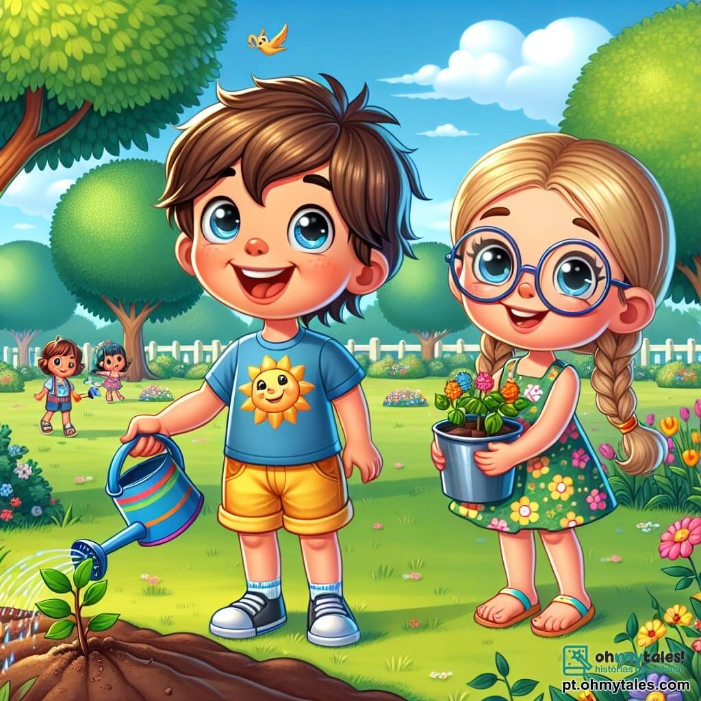 Um menino de 6 anos, Lucas, com cabelo castanho bagunçado e olhos brilhantes de curiosidade, está alegremente em um parque verdejante. Ele usa uma camiseta azul com um desenho de sol e um short amarelo, segurando um pequeno regador colorido. Seu rosto irradia entusiasmo enquanto ele rega uma jovem árvore que acabou de plantar. Ao seu lado, sua melhor amiga, Emma, uma menina de 6 anos com cabelos loiros trançados e óculos redondos, sorri segurando um balde cheio de terra. Ela veste um vestido florido e sandálias, pronta para ajudar Lucas a cuidar da árvore. O parque está cheio de flores coloridas, árvores majestosas e um céu azul claro, onde alguns pássaros voam alegremente. Ao longe, crianças brincam em balanços e um escorregador. A cena principal mostra Lucas e Emma, concentrados e felizes, plantando uma árvore, simbolizando seu compromisso em proteger o meio ambiente e combater a mudança climática.