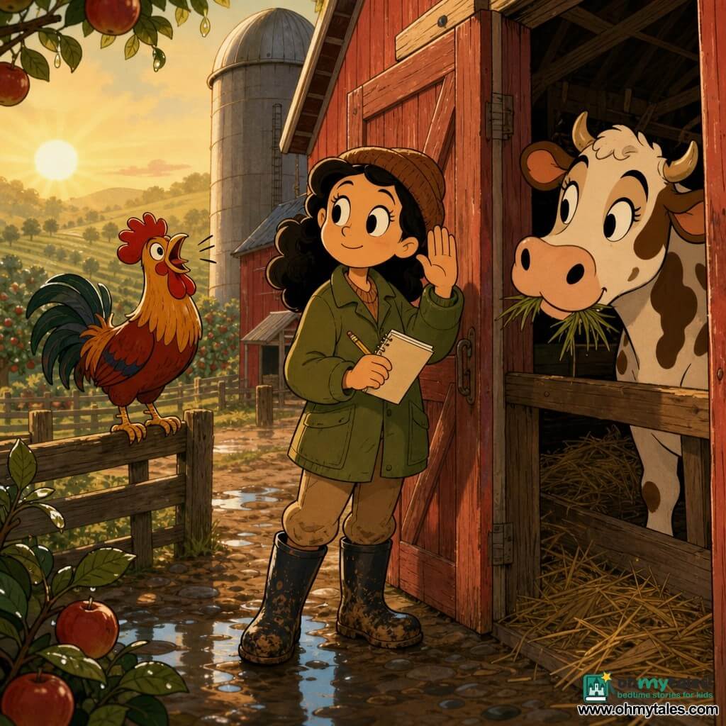 Female farmer with a round face and calm smile, bright focused eyes, wearing a worn olive jacket and brown wool hat, holding a small beige notebook and pencil with her hand raised as if listening to the farm; a colorful red-and-gold rooster on the left fence crowing; a gentle brown-and-white cow poking its head from the middle stall chewing grass; early-morning farm yard with gravel and glistening puddles, red plank barn, matte metal silo, rows of green fields and apple trees, golden sunrise light and light fog; she opens the barn door in an attentive, composed pose as animals respond around her, creating a tranquil warm scene with dewdrops on leaves, weathered wood texture and stacked straw.