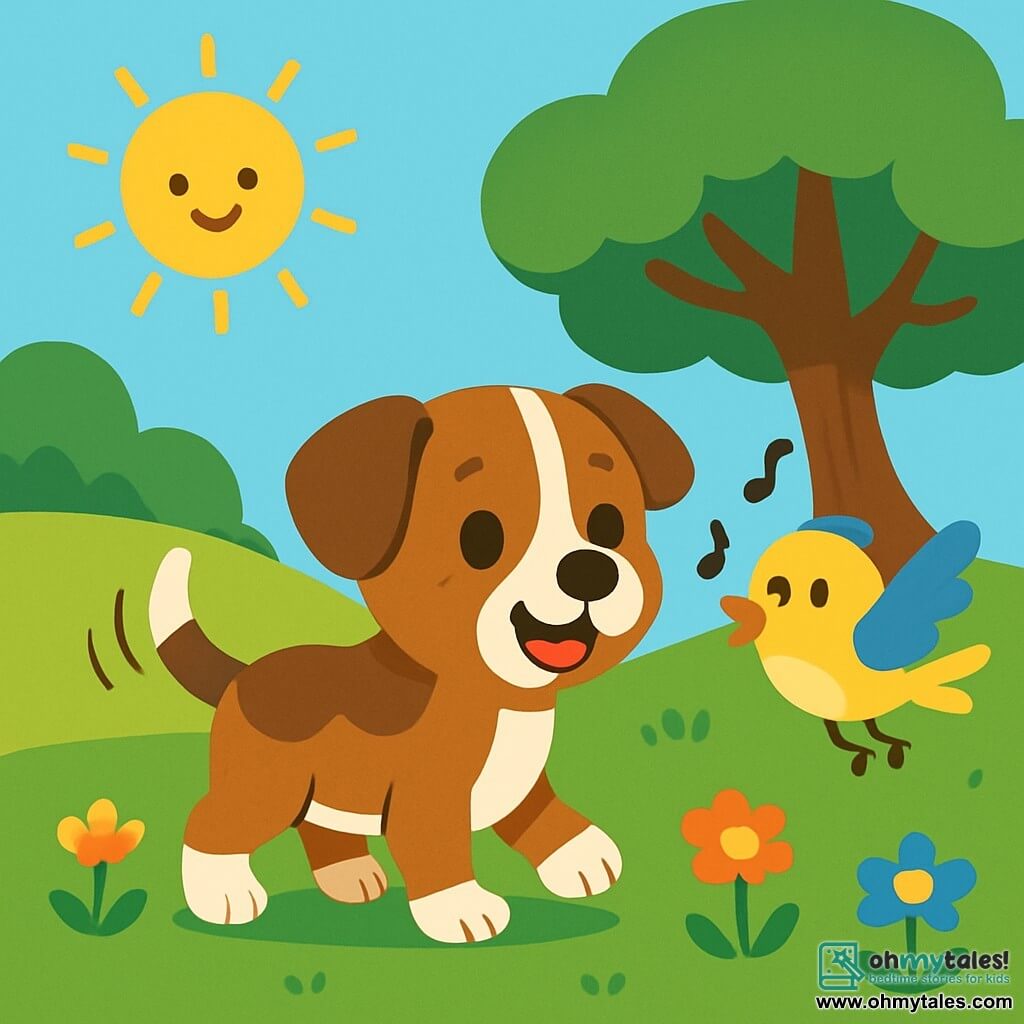 A small dog, Marley, with brown fur and white spots, stands on a soft carpet of green grass, his eyes sparkling with curiosity and determination. He wags his tail enthusiastically, ready for adventure. Next to him, a colorful little bird, Bird, with yellow and blue feathers, joyfully flies in the air, singing and encouraging Marley. The scene takes place in a sunny park, with a large majestic tree in the background, its extended branches providing shade, and a small green hill to the left. Marley and Bird are searching together for the mysterious golden bone, exploring the park with expressions of joy and excitement, while the sun shines and colorful flowers dance in the wind.