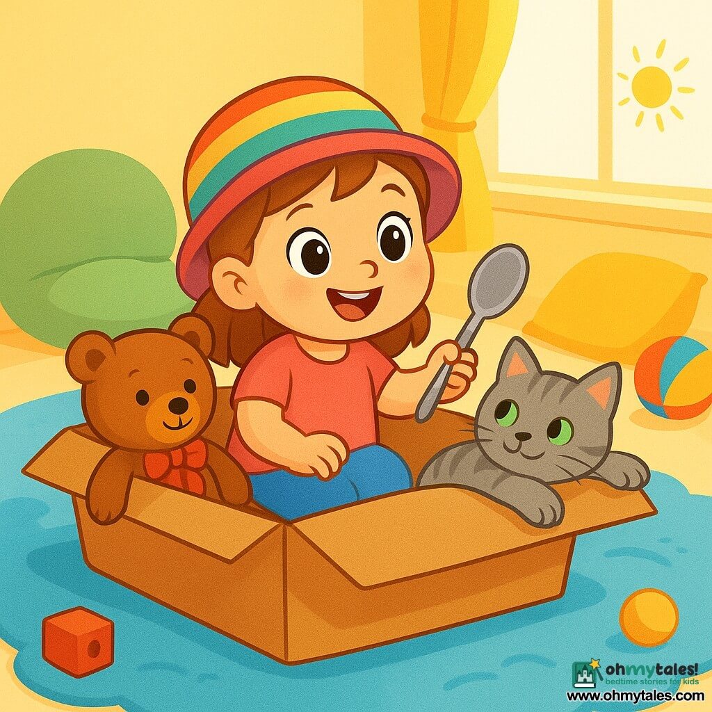 A 2-year-old girl named Mia, with bright big eyes and a radiant smile, is sitting in a cardboard box that looks like a boat. She wears a soft, colorful hat and holds a silver spoon like a paddle, with an expression of joy and adventure on her face. Next to her is her teddy bear, a brown stuffed animal with a red bow around its neck, her faithful travel companion, sitting beside her in admiration. A gray cat with green eyes, her friend, is lying on the edge of the boat, paws stretched out as if floating in the clouds. The scene takes place in a bright, colorful children's room, with a fluffy rug resembling blue sea, island-shaped cushions, and scattered toys. Sunbeams filter through the window, filling the room with a warm golden light. Enthusiastic, Mia navigates her cardboard boat, laughing and imagining herself at sea, ready for a great adventure with her friends.