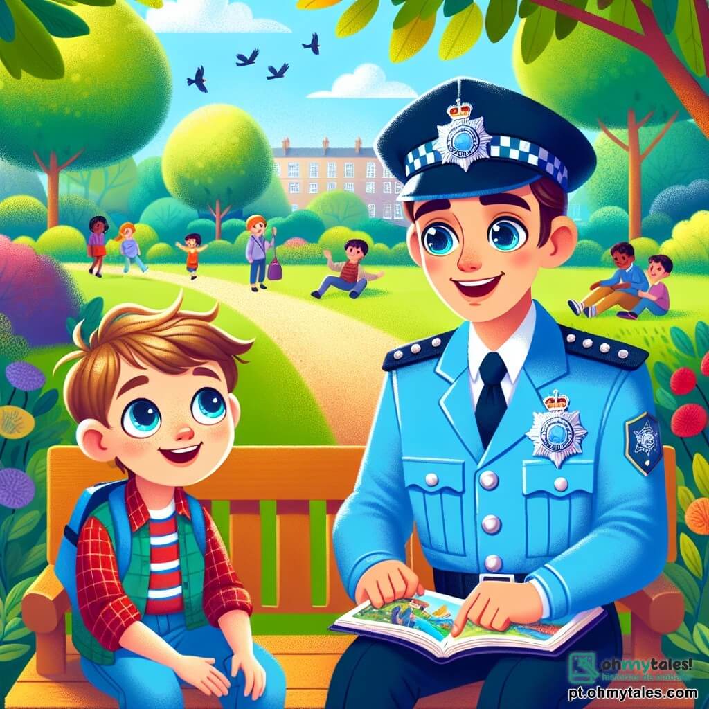 Um jovem, Miguel, de cerca de 20 anos, com cabelos castanhos e olhos cheios de curiosidade, sorri calorosamente enquanto se senta em um banco em um parque ensolarado. Ele usa um uniforme de policial azul claro, com um distintivo brilhante no peito, e parece entusiasmado e amigável. Ao seu lado, um garoto chamado Lucas, de cerca de 10 anos, com cabelos loiros bagunçados e olhos azuis arregalados de admiração, ouve atentamente, sentado com uma expressão admirativa. O parque é verdejante, com árvores frondosas, flores coloridas e um caminho de cascalho que serpenteia pelas gramados. Ao longe, crianças brincam e riem, enquanto pássaros cantam nos galhos. A cena mostra Miguel compartilhando histórias cativantes sobre seu trabalho como policial com Lucas, que está fascinado por seus relatos, criando um momento caloroso e inspirador nesse ambiente tranquilo.
