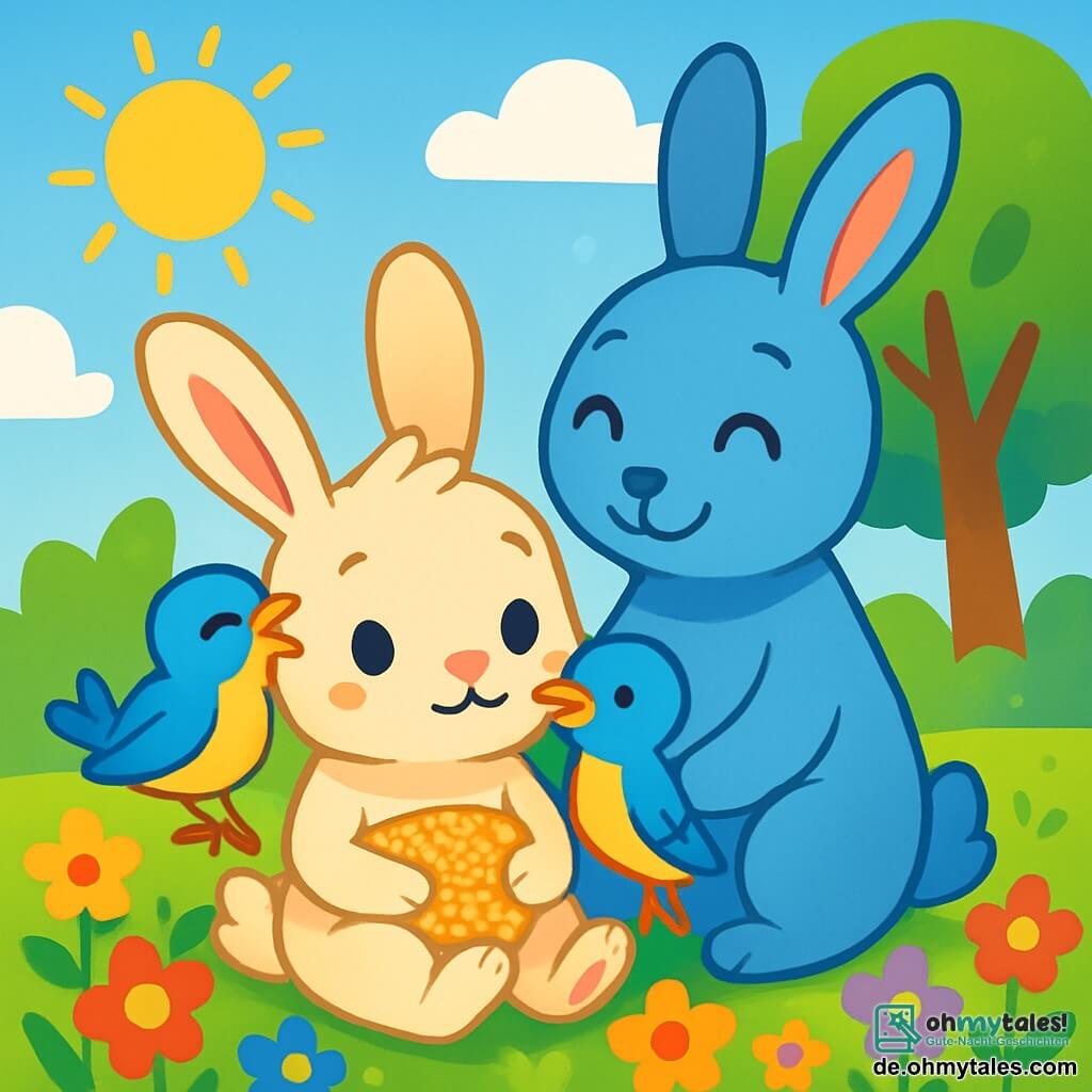 Mimo, ein kleiner Hase mit großen Ohren und weichem, glänzendem Fell, sitzt auf einem Teppich aus bunten Blumen mit einem sanften und tröstlichen Ausdruck im Gesicht. Er trägt ein hübsches, magisches Tuch um seinen Bauch, das in der Sonne funkelt. Neben ihm sitzt Lila, ein Vogel mit leuchtend blauen und gelben Federn, der fröhlich auf seiner Schulter singt. Im Hintergrund steht Mimos Mama, eine sanfte und liebevolle Häsin mit blauem Fell, lächelnd und beschützend, während sie sie zärtlich ansieht. Der Ort ist ein wunderschöner, verzauberter Garten, gefüllt mit bunten Blumen, majestätischen Bäumen mit glänzenden Blättern und einem klaren blauen Himmel, der mit flauschigen Wolken bedeckt ist. Die Hauptsituation zeigt Mimo, umgeben von seinen Freunden, der sich durch die Liebe und Unterstützung seiner Familie trotz eines kleinen Bauchschmerzes getröstet und glücklich fühlt.