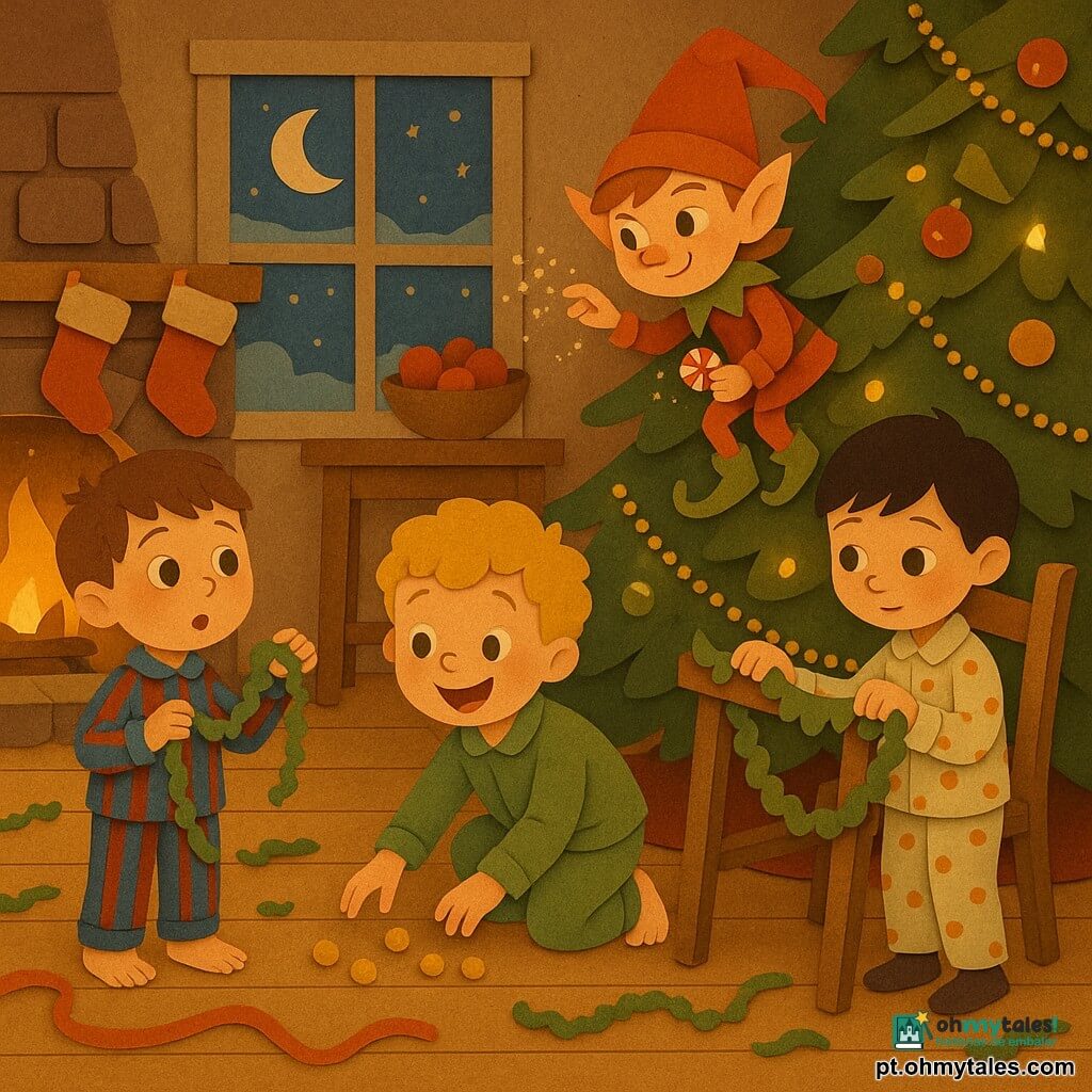 Quatro personagens: três meninos de cerca de 5 anos — um à esquerda, cabelos castanhos curtos, pijama listrado azul e vermelho, segurando uma pequena guirlanda e olhando maravilhado; um no centro, loiro encaracolado, pijama verde, agachado pegando bolinhas douradas com delicadeza; um à direita, cabelos pretos lisos, pijama de bolinhas, tímido e concentrado, segurando uma cadeira para ajudar a prender uma guirlanda — e um lutin travesso, pequeno e não humano, gorro pontudo vermelho, botinhas verdes, olhos maliciosos, no galho baixo da árvore soprando brilhos e segurando um doce brilhante. Local: sala de Natal acolhedora com piso de tábuas claras, grande lareira de pedra com meias vermelhas, janela com geada mostrando a lua, fruteira com maçãs na mesa, grande árvore decorada com luzes quentes e guirlandas, fitas e decorações espalhadas; estilo de papéis recortados com cores saturadas e contrastantes. Situação: os três meninos cooperam para reparar e pendurar uma guirlanda enquanto o lutin observa e sopra purpurina; cena calma e doce, gestos lentos, rostos atentos, iluminação quente da lareira e da árvore.