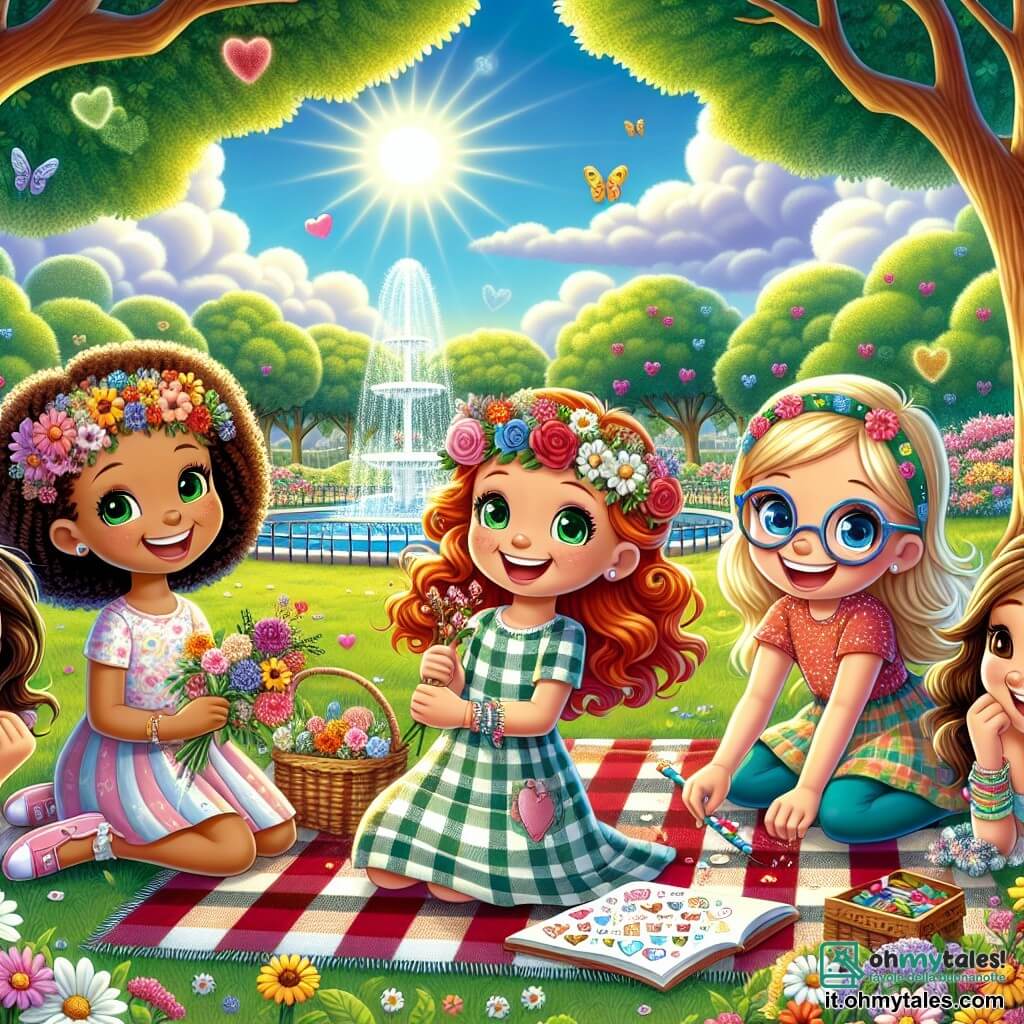 In un parco soleggiato, quattro ragazze si tengono gioiosamente sotto un grande albero. Alessia, una ragazza di 10 anni con capelli ricci e un sorriso splendente, è al centro, tenendo una corona di fiori. A sinistra, Marta, una ragazza di 10 anni con capelli rossi e occhi verdi, stende una coperta a quadri sull'erba. A destra, Anna, una ragazza di 10 anni con capelli biondi e un vestito colorato, intreccia fiori per creare corone. Infine, Giulia, una ragazza di 10 anni con capelli castani e occhiali, è accucciata, disegnando un grande cartello con cuori e parole dolci per la festa della mamma. Il parco è pieno di verde, con alberi maestosi, fiori colorati e una fontana scintillante sullo sfondo. Il cielo è di un blu intenso, punteggiato da alcune nuvole bianche e soffici. Le ragazze stanno preparando un picnic a sorpresa per le loro mamme, ridendo e gioendo mentre nascondono indizi per una caccia al tesoro speciale.