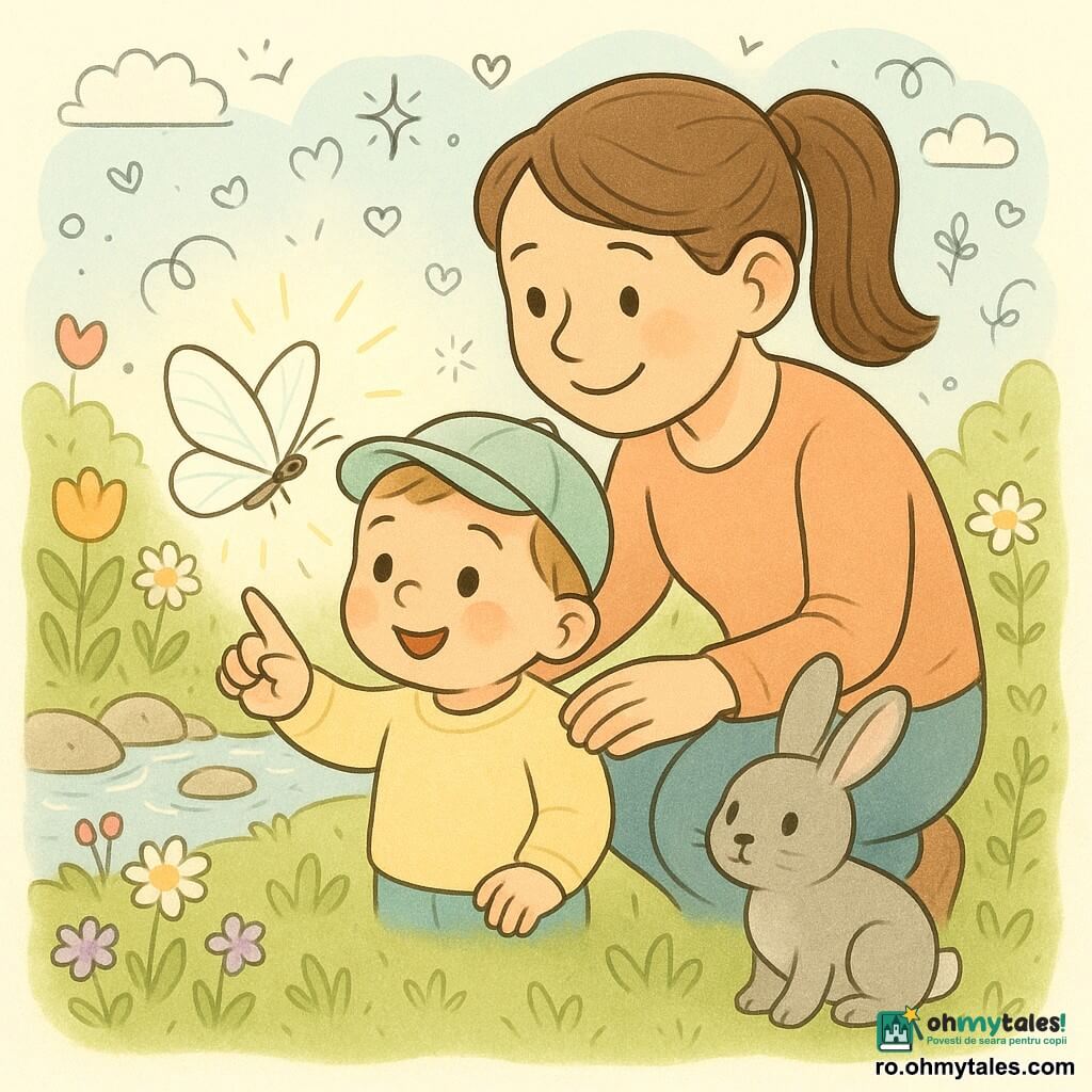 Un băiețel de 2 ani, față rotundă și obraji roz, ochi curioși și zâmbet uimit, poartă o șapcă mică și un pulover pastel; întinde indexul și un fluture mare alb cu aripi translucide se așază pe el. O femeie, mama (≈30 ani), păr brun prins în coadă, zâmbet blând, genunchii ușor îndoiți lângă copil, îl privește cu bunătate și îi pune o mână protectoare pe umăr. Un iepuraș gri cu blană moale stă în iarbă la câțiva pași, privind timid. Locul: o grădină de primăvară luminoasă cu iarbă verde muscoasă, flori colorate (lalele, margarete, flori mici mov), un pârâu sclipitor cu pietre netede și un cer albastru deschis cu nori pufoși. Scena principală e calmă și magică: un strop de soare încălzește fluturele și mâna copilului; se văd petale, picături de apă pe iarbă și mici doodle-uri (inimi, stele, note muzicale) pentru ton jucăuș. Stil: culori moi și luminoase, contururi rotunjite, texturi textile vizibile, expresii clare și emoții simple.