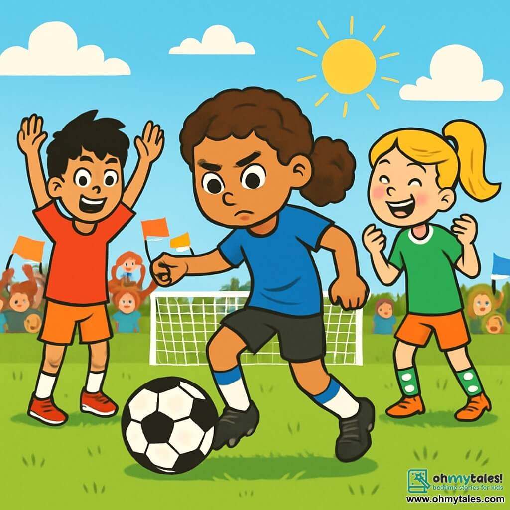 There are 3 characters: Maya, an 11-year-old girl with curly brown hair, wearing a blue soccer jersey and black shorts, is in the center, focused and ready to shoot at the goal. Leo, an 11-year-old boy with messy black hair, dressed in a red jersey and white sneakers, stands to Maya's left, arms raised, ready to cheer for his friend. Jade, an 11-year-old girl with a long blonde ponytail, wearing a green jersey and striped socks, is to Maya's right, smiling and ready to celebrate a goal. The scene takes place on a green soccer field surrounded by enthusiastic spectators waving colorful flags. The sky is blue with white clouds, and the sun shines, illuminating the freshly cut grass. The main situation shows Maya determinedly taking a shot at the goal, while Leo and Jade cheer her on with bright smiles. The spectators around them are excited, creating an atmosphere of joy and excitement, capturing a crucial moment in a soccer match.