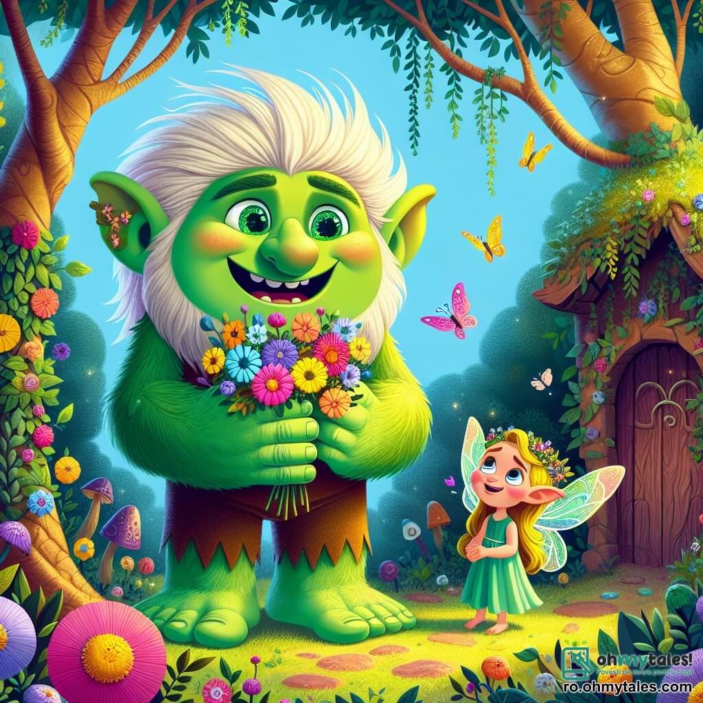 Un troll prietenos numit Trolly, cu o piele verde strălucitoare ca iarba proaspătă, ochi strălucitori de culoare smarald și un zâmbet larg, stă în centrul imaginii, ținând flori colorate în mâinile sale mari. El exprimă o bucurie contagioasă, obrașele sale fiind înroșite de entuziasm. Lângă el, o mică zână numită Elia, în vârstă de aproximativ 8 ani, cu aripi delicate strălucitoare și păr auriu fluturând în vânt, îl privește pe Trolly cu admirație, pregătită să-l ajute în aventura lor. Decorul este o pădure magică, unde copaci cu trunchiuri răsucite și frunze multicolore se înalță spre un cer albastru strălucitor, înconjurați de flori cântătoare și animale curioase, creând o atmosferă feerică. În fundal, o mică ușă din lemn, acoperită de iederă, lasă să se intrevadă o lume misterioasă. Situația principală îi arată pe Trolly și Elia, hotărâți și zâmbitori, pregătiți să intre pe ușa magică pentru a descoperi minunile care îi așteaptă în pădurea fermecată, uniți prin prietenia și spiritul lor aventuros.